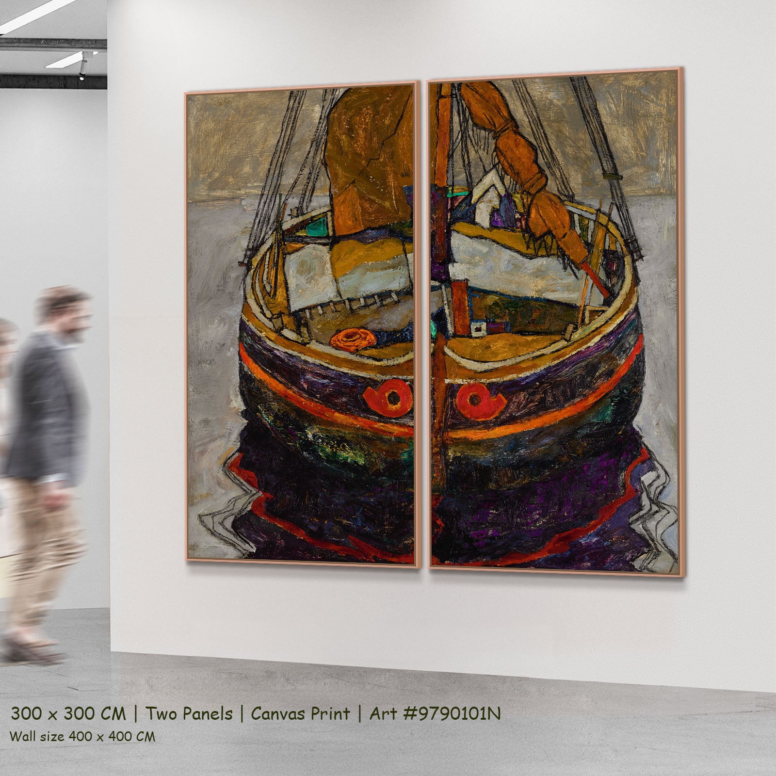 Trieste Fishing Boat by Egon Schiele as a large two-panel brown and grey Expressionist Abstract canvas set