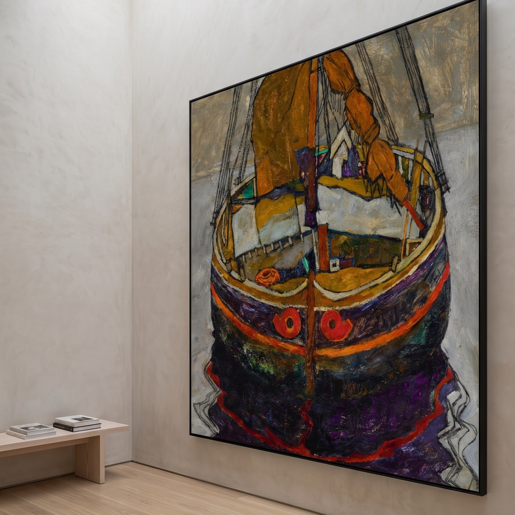 Trieste Fishing Boat by Egon Schiele — large brown and grey Expressionist Abstract canvas art on a hallway wall