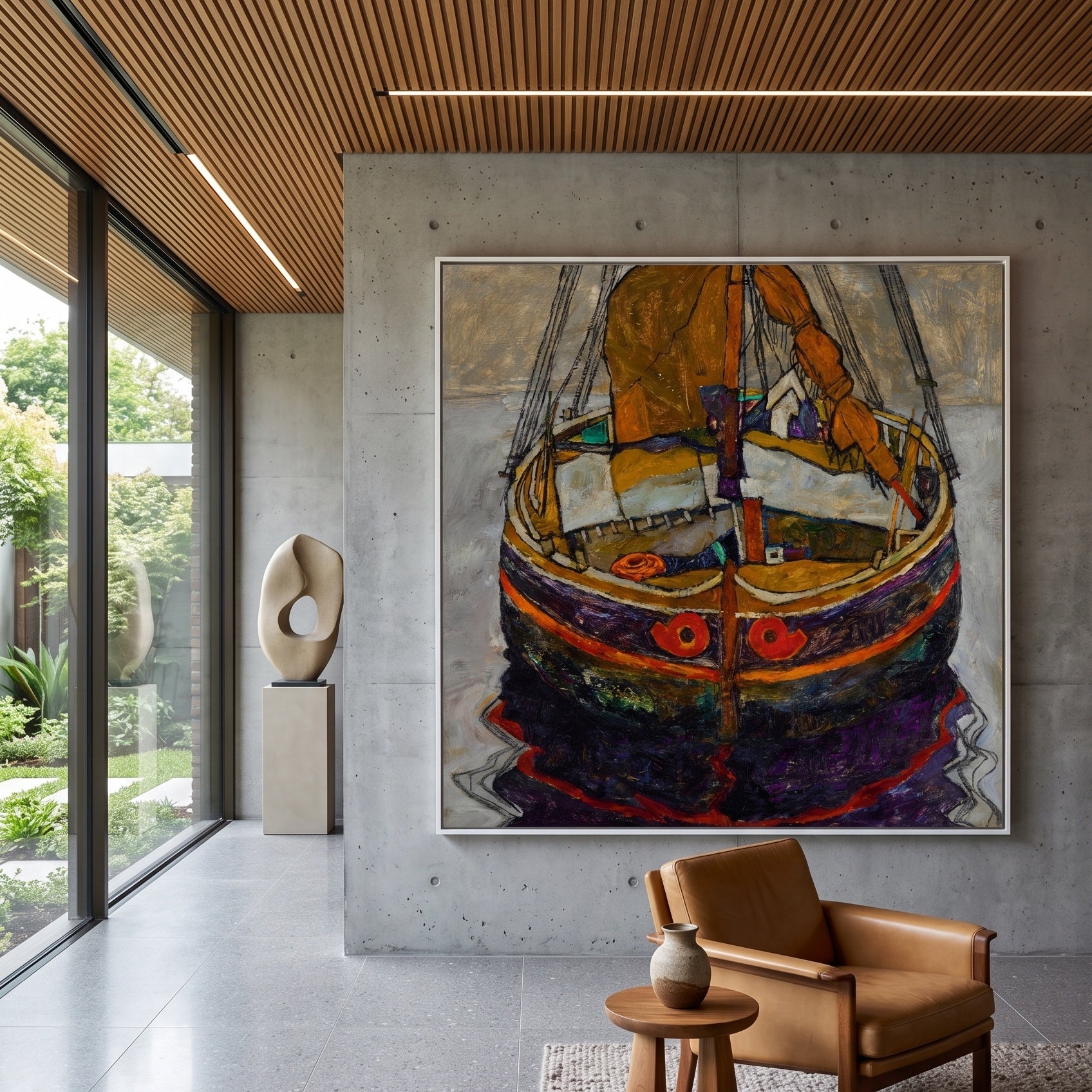 Trieste Fishing Boat by Egon Schiele — large brown and grey Expressionist Abstract canvas art on a hallway wall
