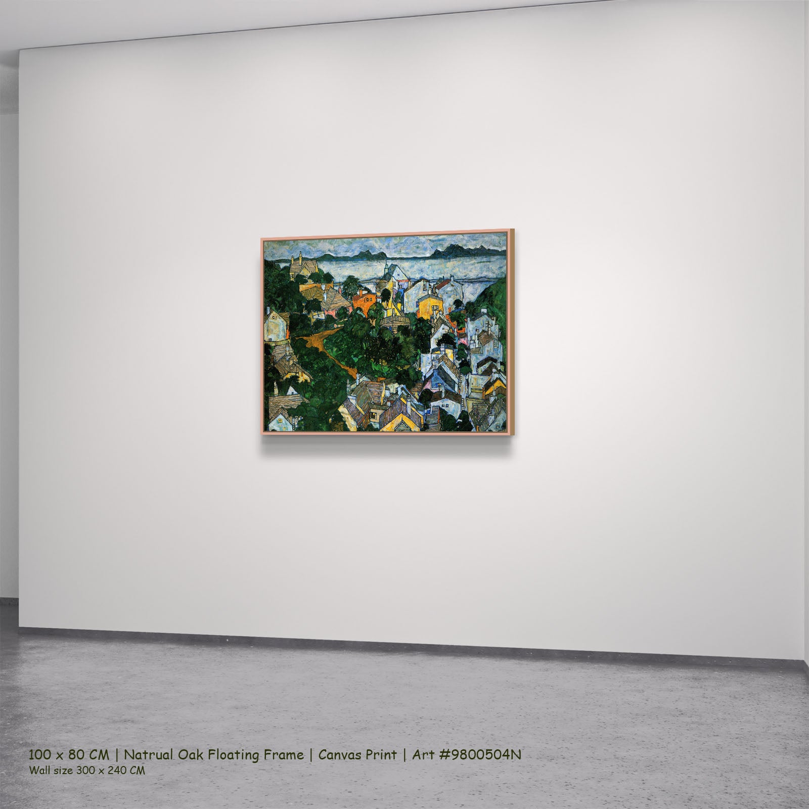 Summer Landscape, Krumau by Egon Schiele in a natural oak floating frame, large green and white Expressionist Abstract canvas