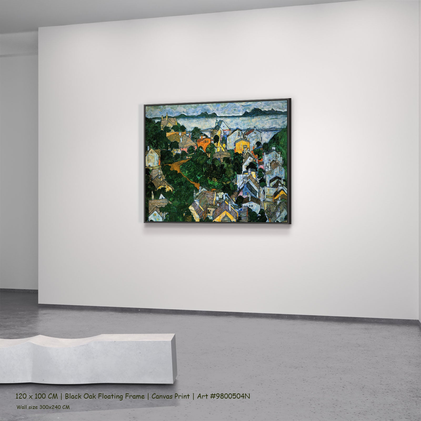 Summer Landscape, Krumau by Egon Schiele in a black oak floating frame, large green and white Expressionist Abstract canvas