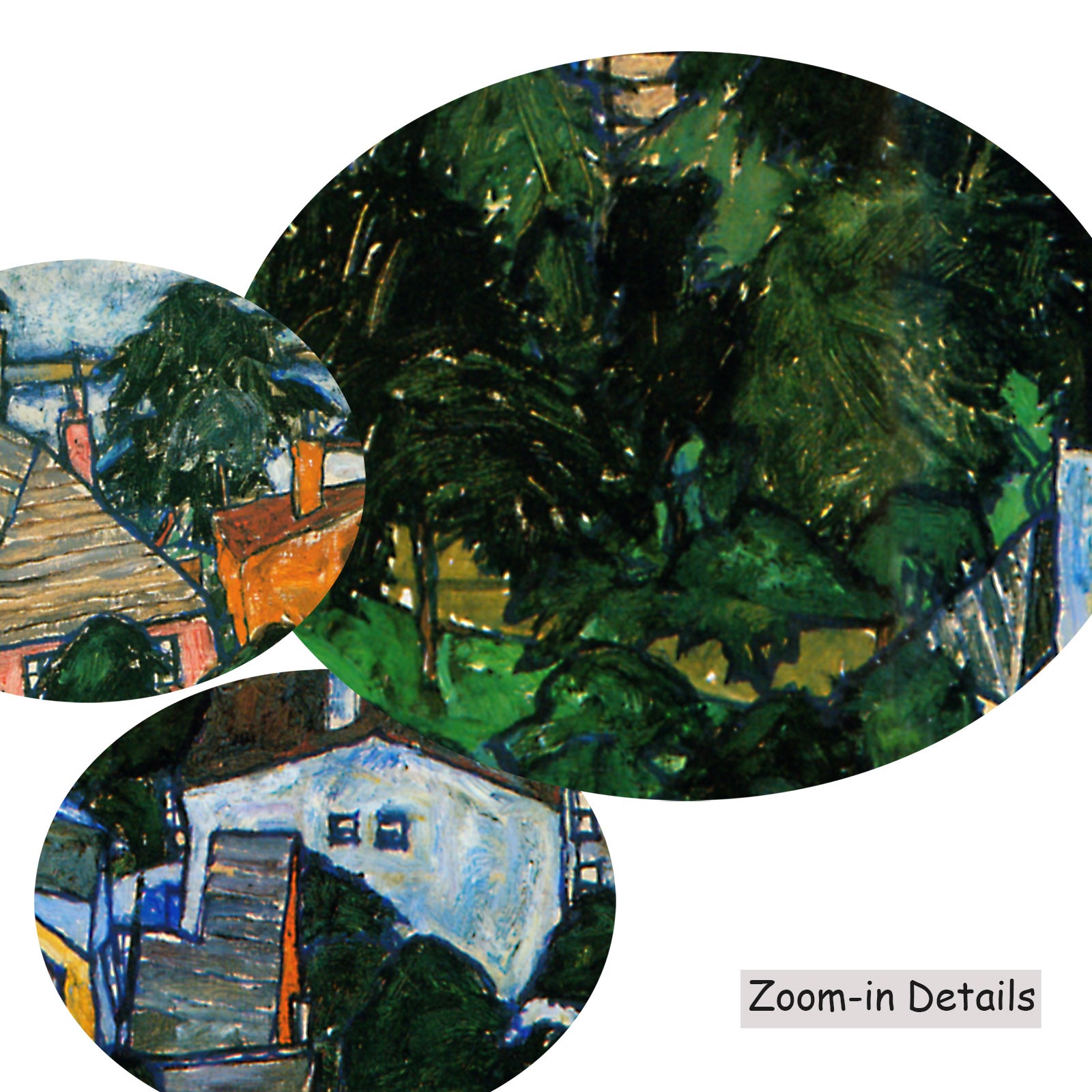 Close-up detail of the brushwork on Summer Landscape, Krumau, a large green and white Expressionist Abstract canvas by Egon S