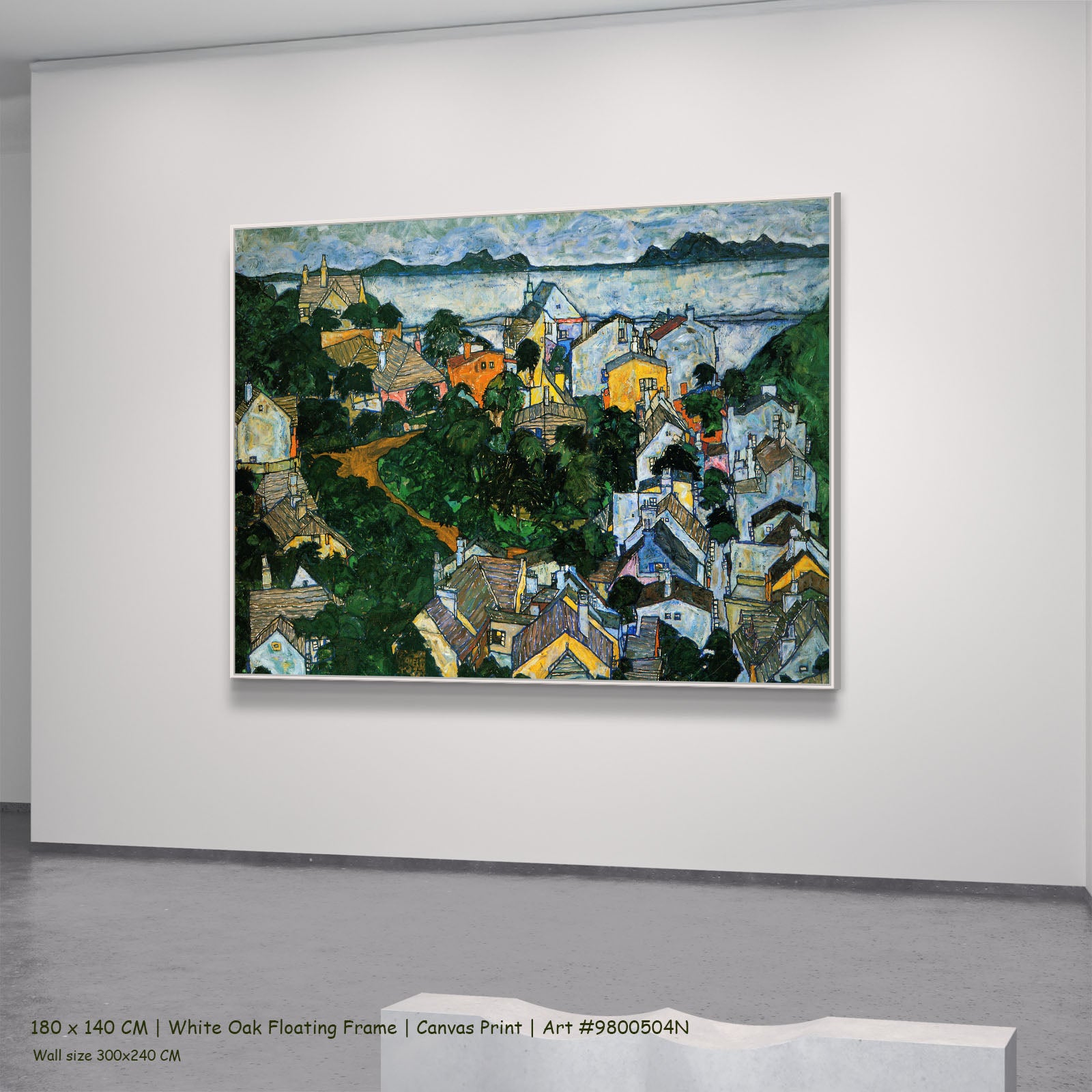 Summer Landscape, Krumau by Egon Schiele in a white oak floating frame, large green and white Expressionist Abstract canvas
