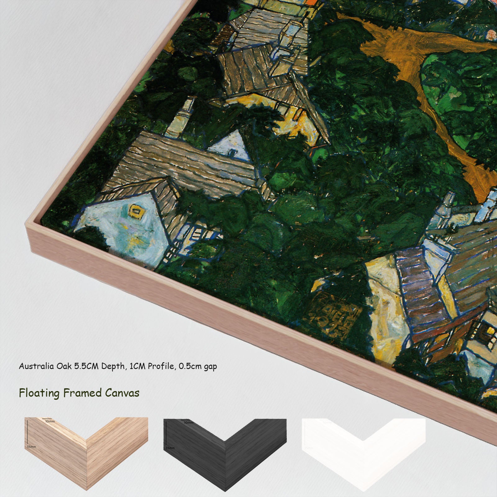 Summer Landscape, Krumau by Egon Schiele in a floating frame, large green and white Expressionist Abstract canvas print