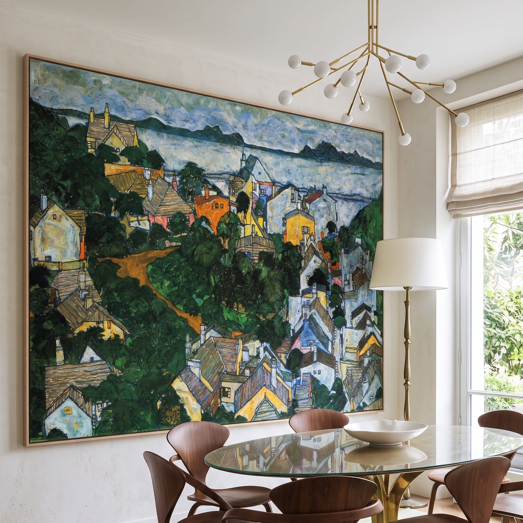Summer Landscape, Krumau by Egon Schiele — large green and white Expressionist Abstract canvas art displayed on a wall