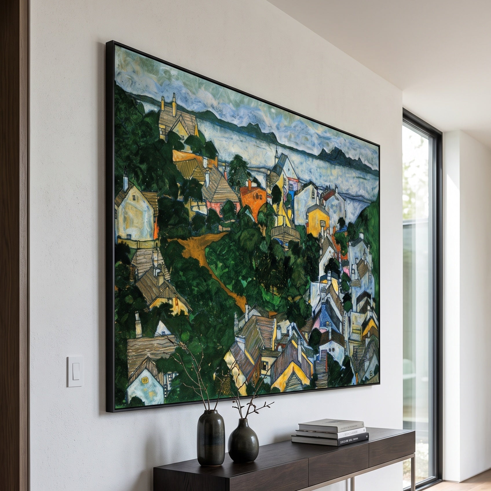 Summer Landscape, Krumau by Egon Schiele — large green and white Expressionist Abstract canvas art on a entryway wall
