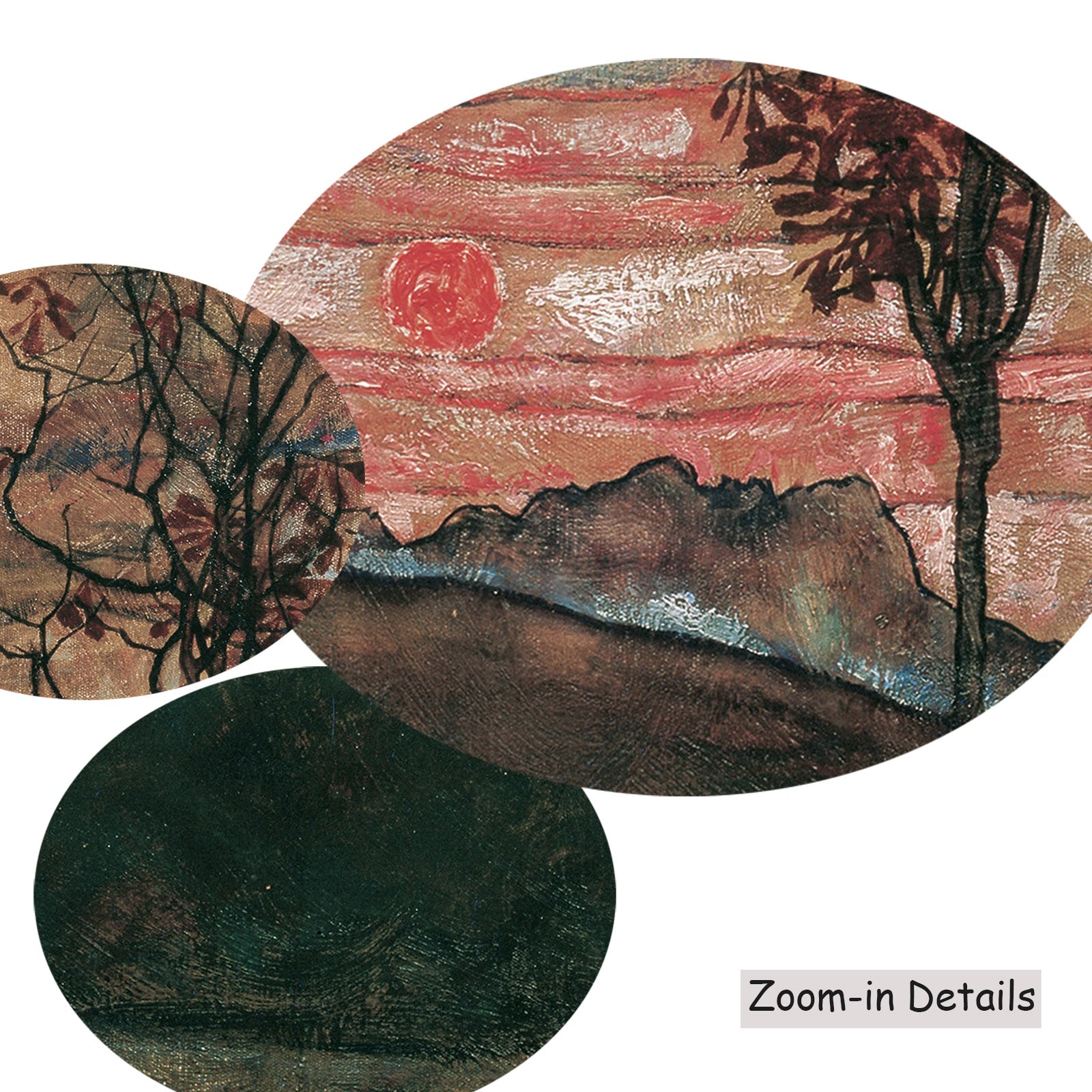 Close-up detail of the brushwork on Four Trees, a large pink and red Expressionist Abstract canvas by Egon Schiele