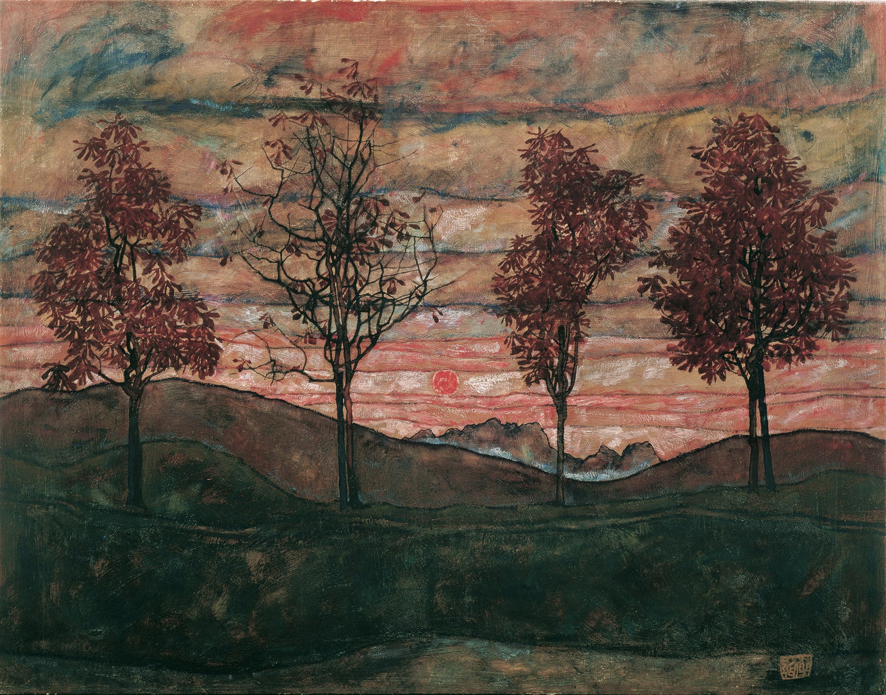 Large pink and red Expressionist Abstract canvas print of Four Trees by Egon Schiele