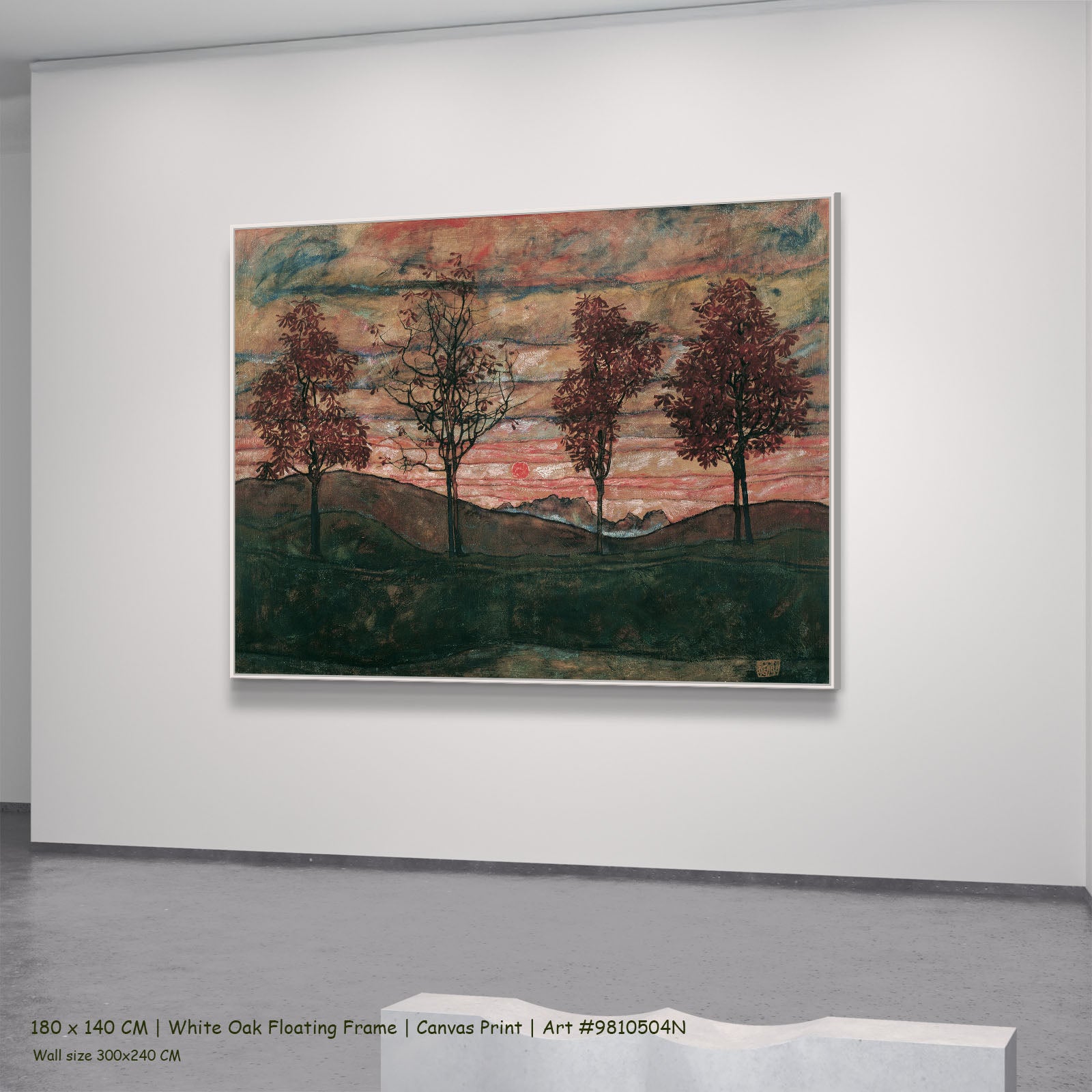 Four Trees by Egon Schiele in a white oak floating frame, large pink and red Expressionist Abstract canvas