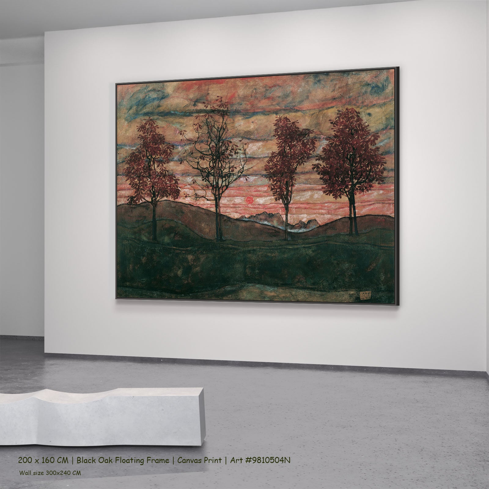 Four Trees by Egon Schiele in a black oak floating frame, large pink and red Expressionist Abstract canvas