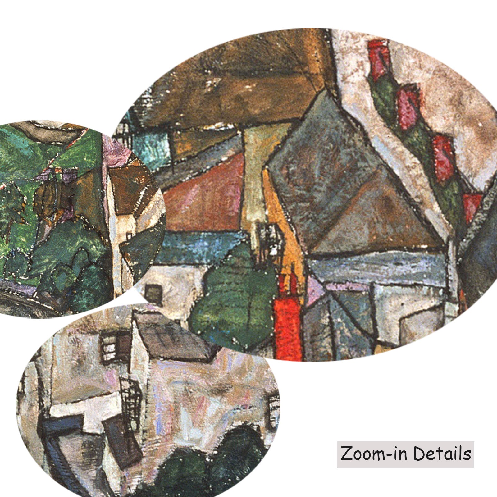 Close-up detail of the brushwork on Krumau, a large green and white Expressionist Abstract canvas by Egon Schiele