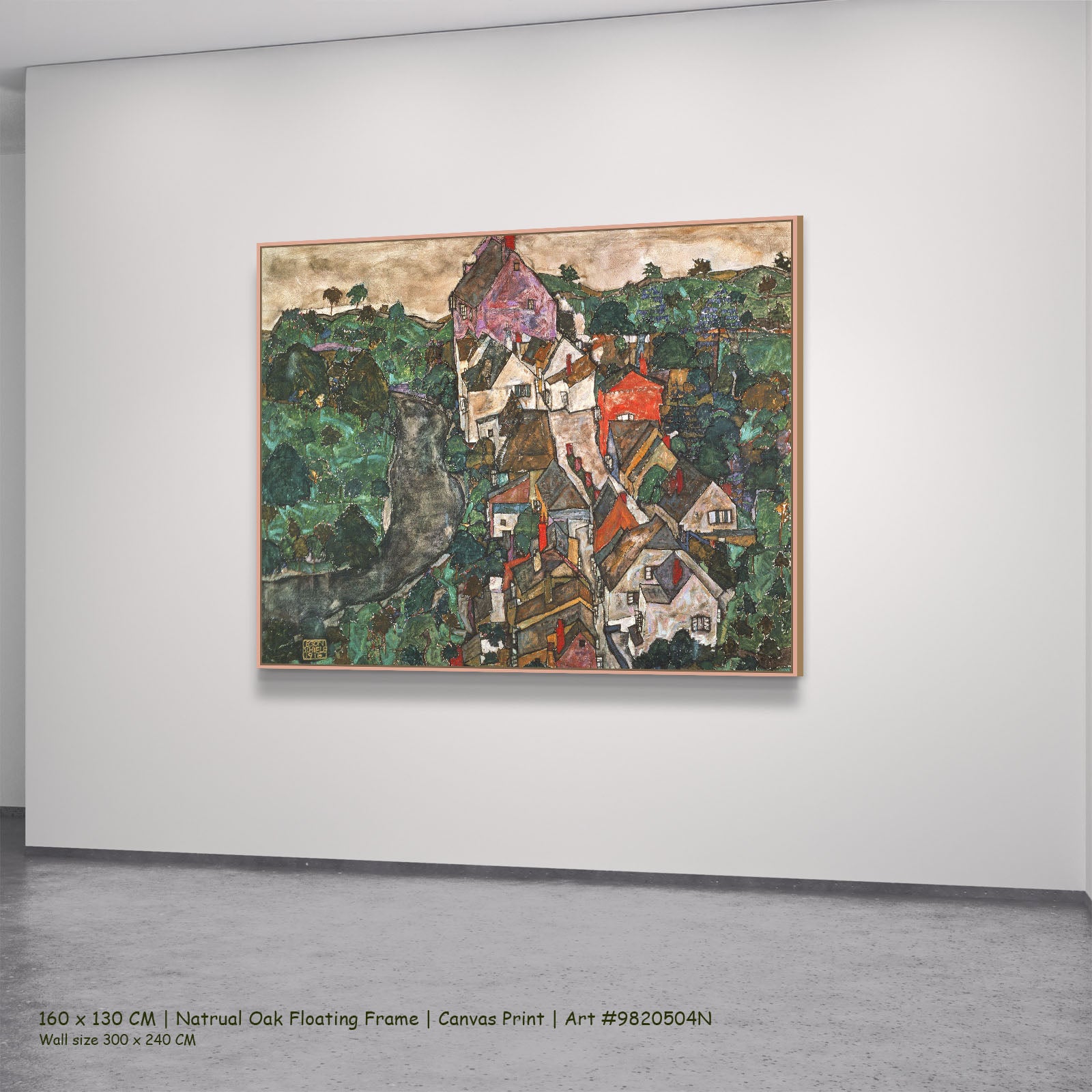 Krumau by Egon Schiele in a natural oak floating frame, large green and white Expressionist Abstract canvas