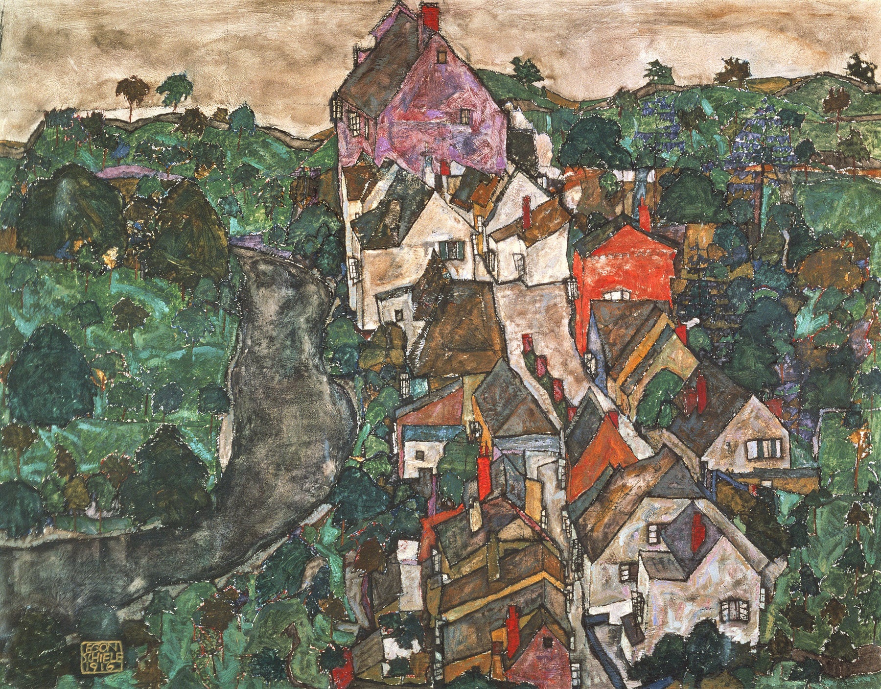 Large green and white Expressionist Abstract canvas print of Krumau by Egon Schiele