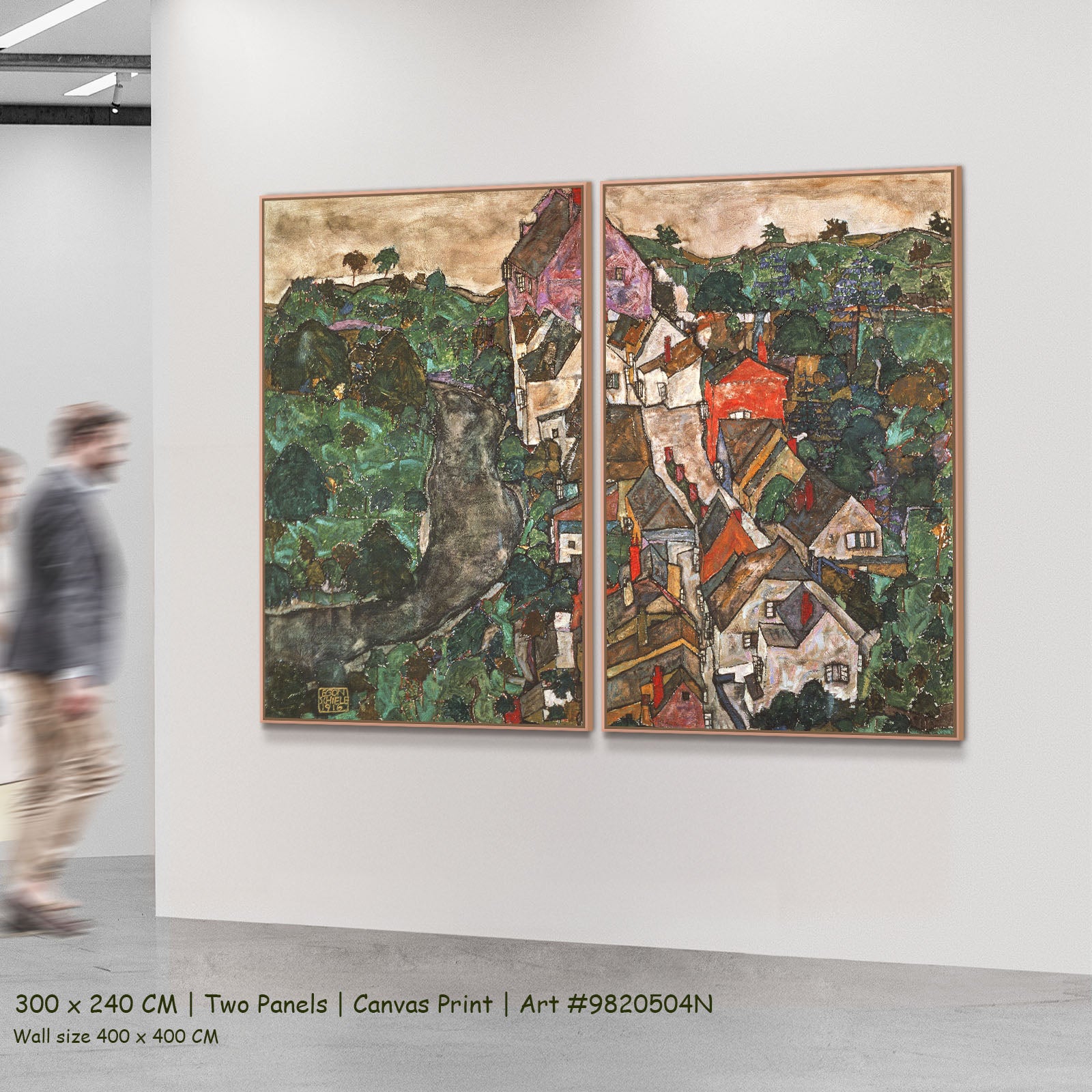 Krumau by Egon Schiele as a large two-panel green and white Expressionist Abstract canvas set