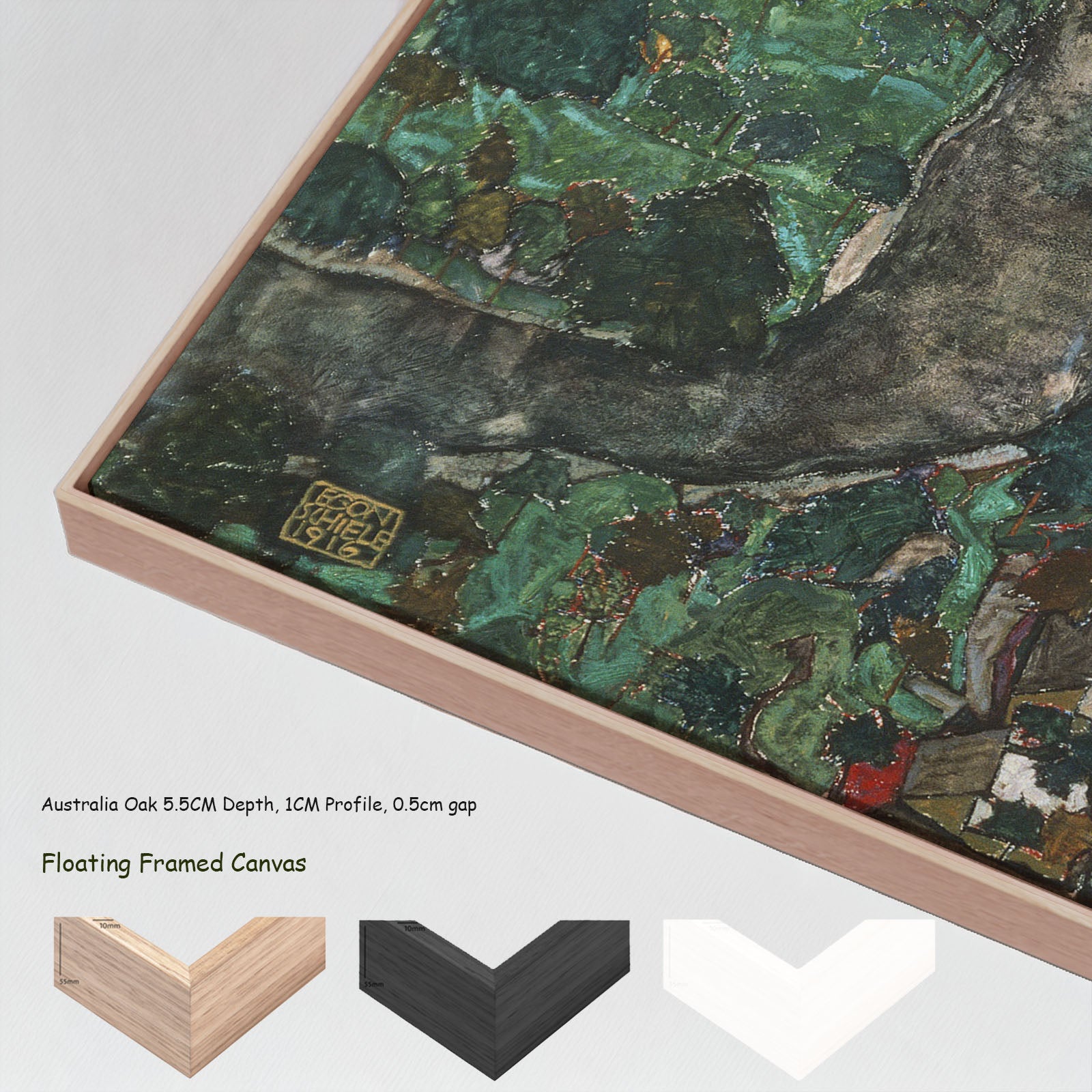 Krumau by Egon Schiele in a floating frame, large green and white Expressionist Abstract canvas print