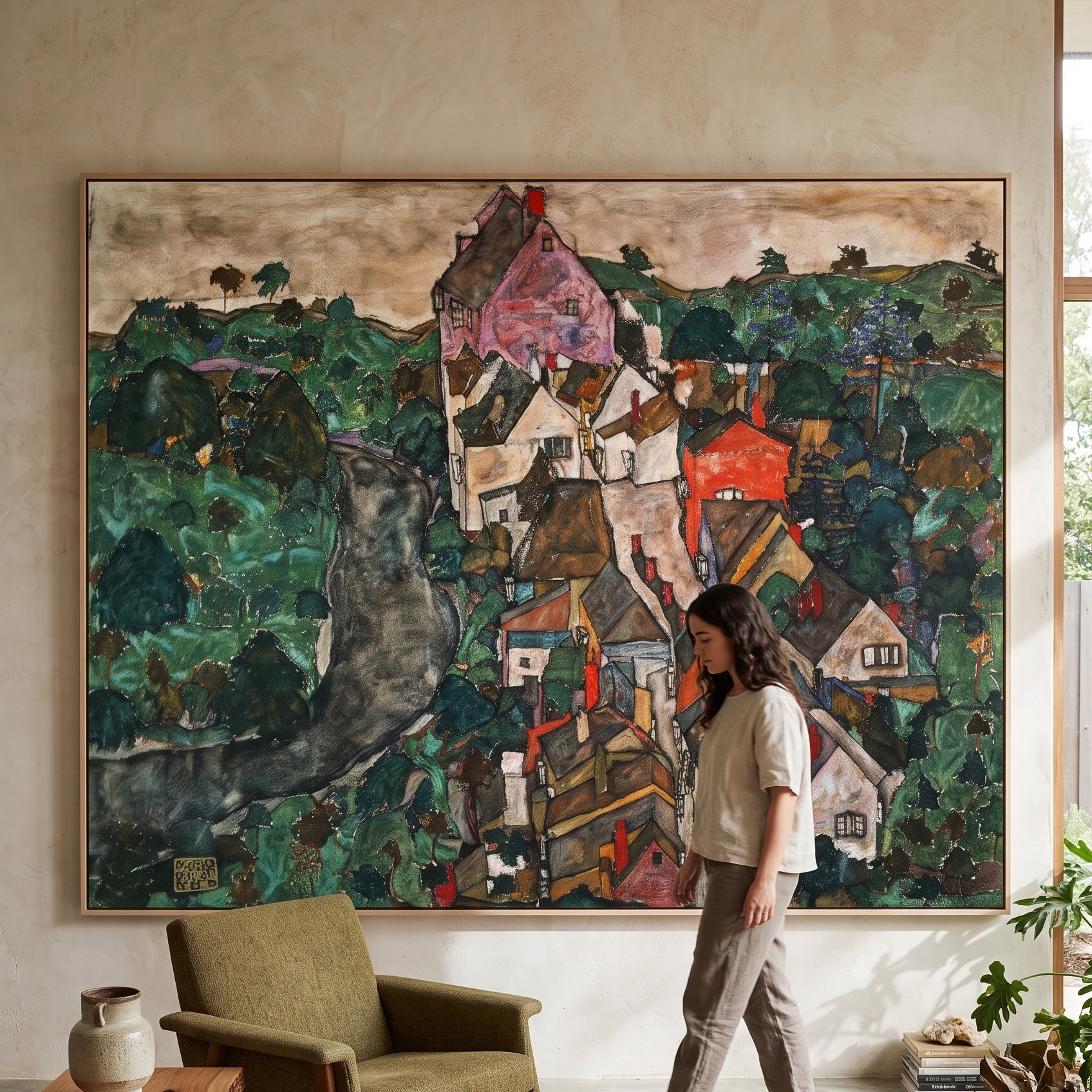 Krumau by Egon Schiele — large green and white Expressionist Abstract canvas art on a living room wall