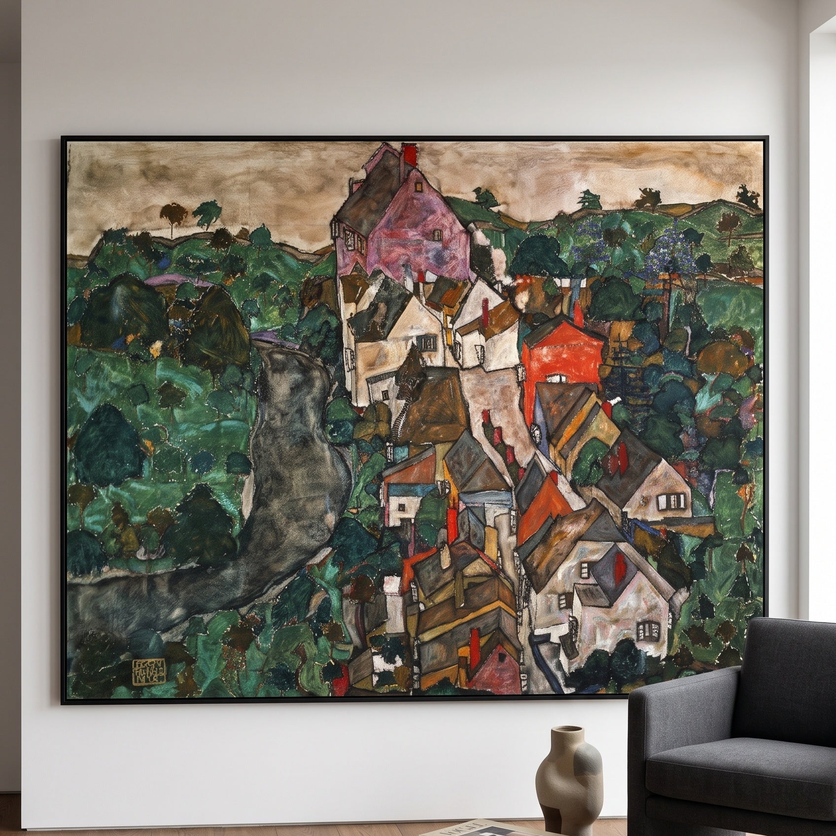 Krumau by Egon Schiele — large green and white Expressionist Abstract canvas art on a hallway wall