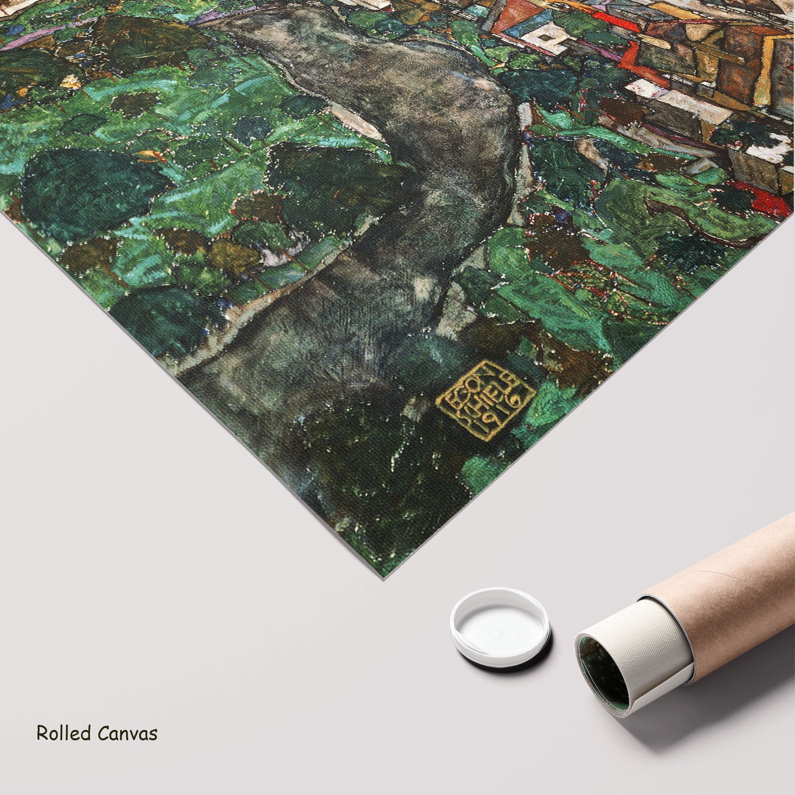 Krumau by Egon Schiele as a large rolled green and white Expressionist Abstract canvas print