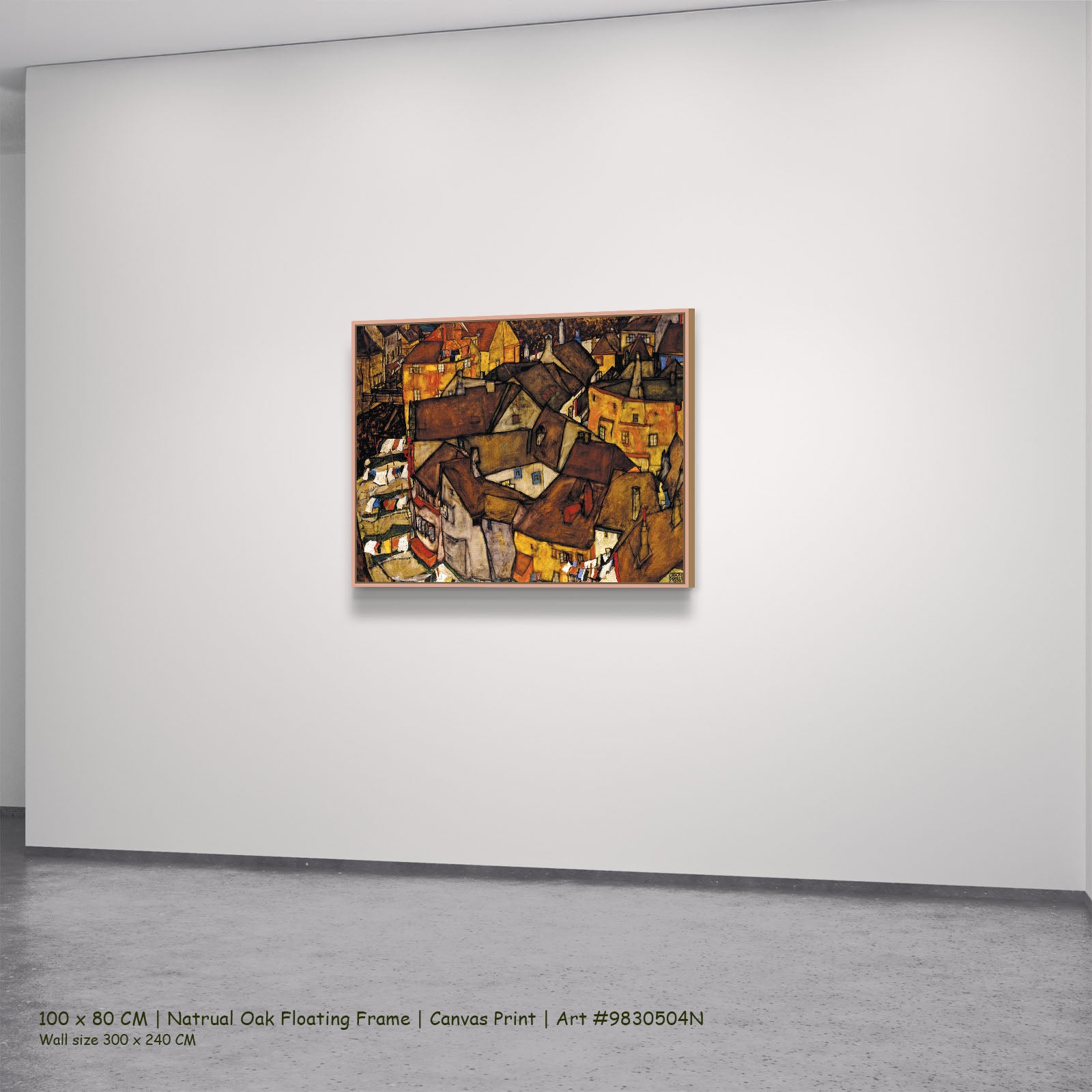 Krumau - Crescent of Houses by Egon Schiele in a natural oak floating frame, large brown and orange Expressionist Abstract ca