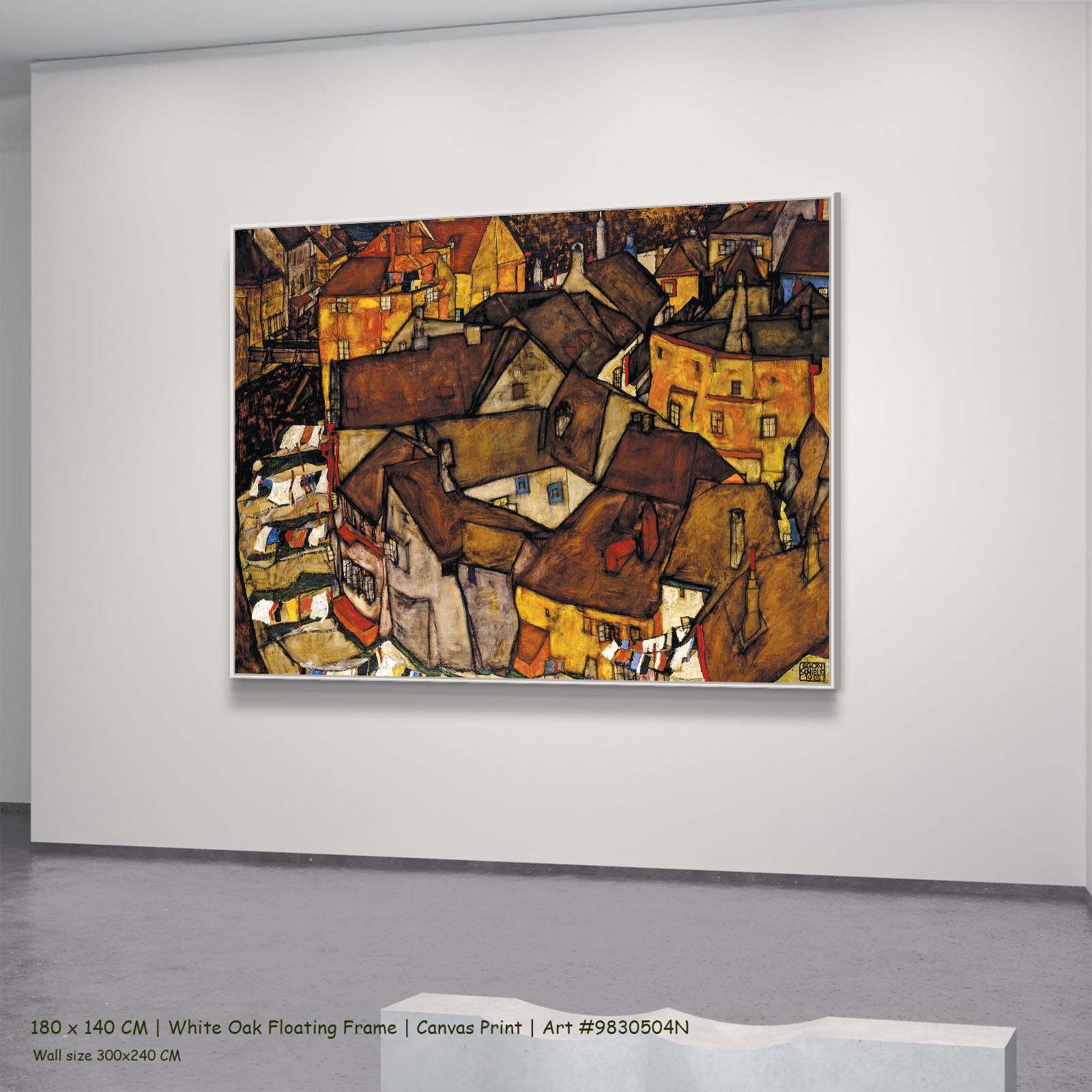 Krumau - Crescent of Houses by Egon Schiele in a white oak floating frame, large brown and orange Expressionist Abstract canv
