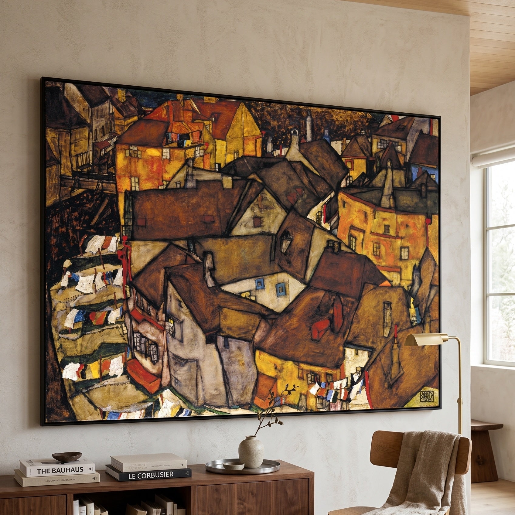 Krumau - Crescent of Houses by Egon Schiele — large brown and orange Expressionist Abstract canvas art displayed on a wall