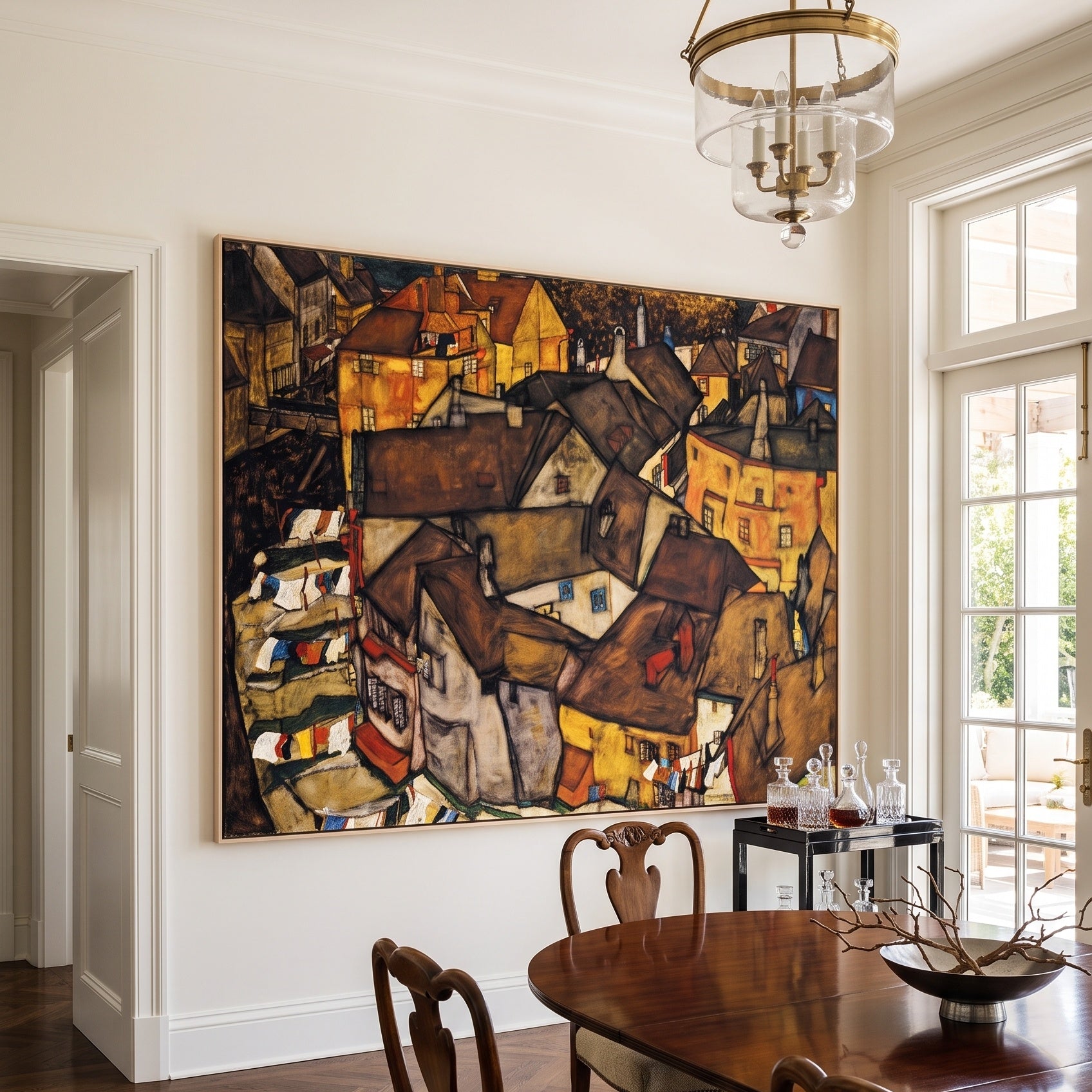 Krumau - Crescent of Houses by Egon Schiele — large brown and orange Expressionist Abstract canvas art displayed on a wall