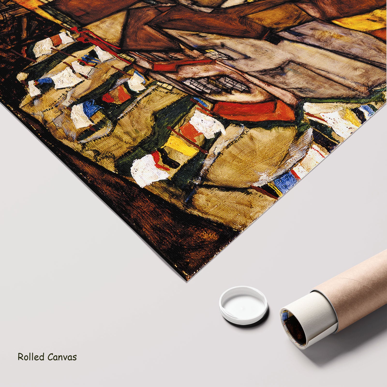 Krumau - Crescent of Houses by Egon Schiele as a large rolled brown and orange Expressionist Abstract canvas print