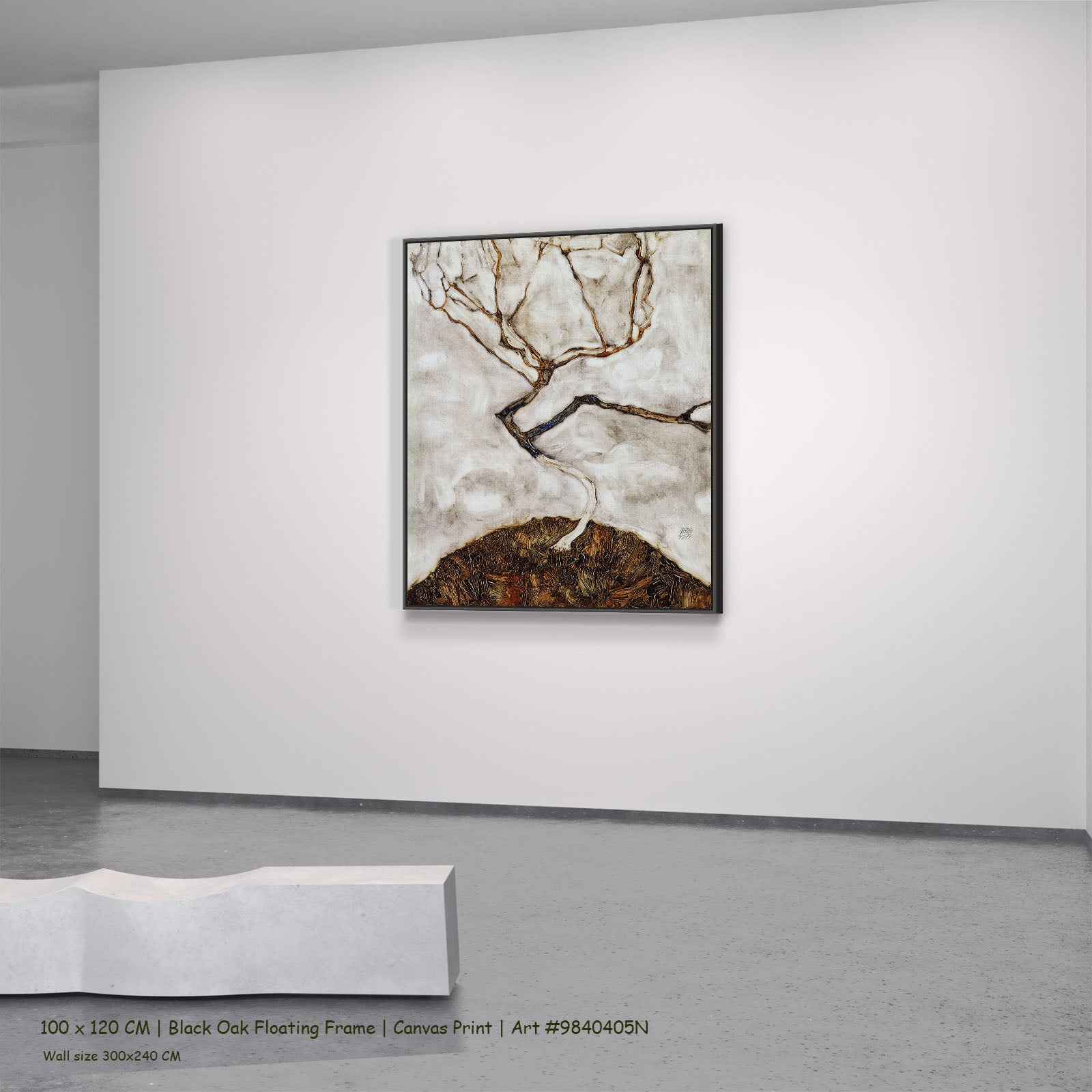 Small Tree in Late Autumn by Egon Schiele in a black oak floating frame, large brown and white Expressionist Abstract canvas