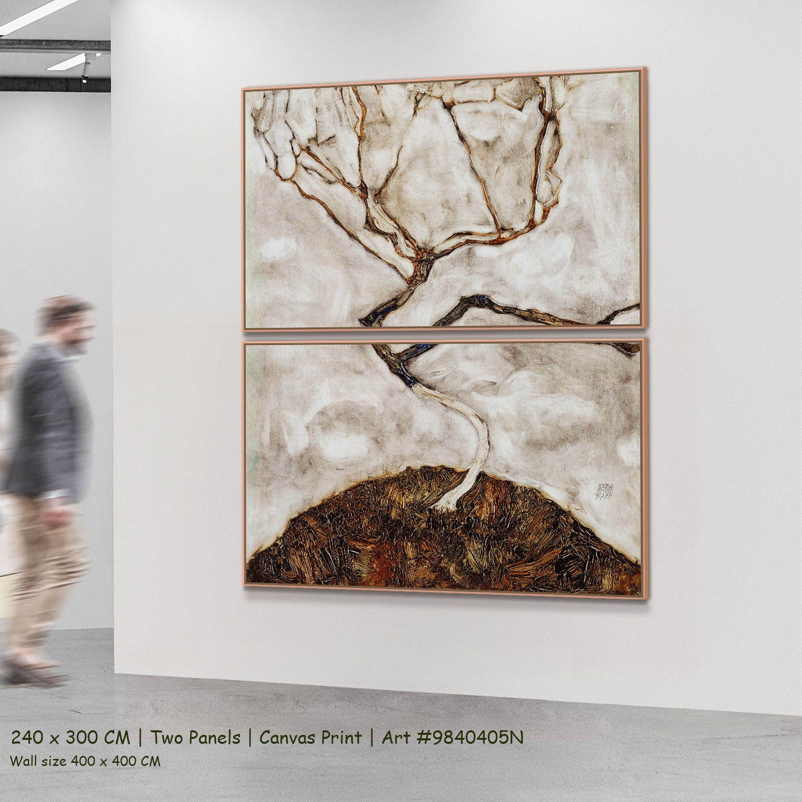 Small Tree in Late Autumn by Egon Schiele as a large two-panel brown and white Expressionist Abstract canvas set