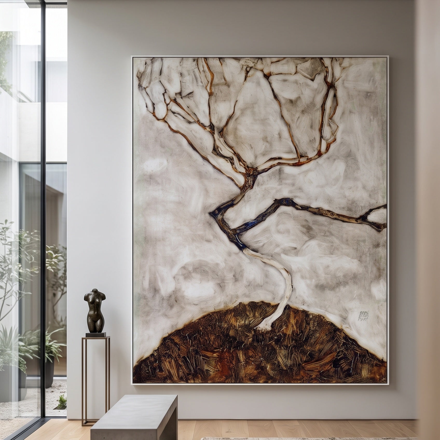 Small Tree in Late Autumn by Egon Schiele — large brown and white Expressionist Abstract canvas art on a hallway wall