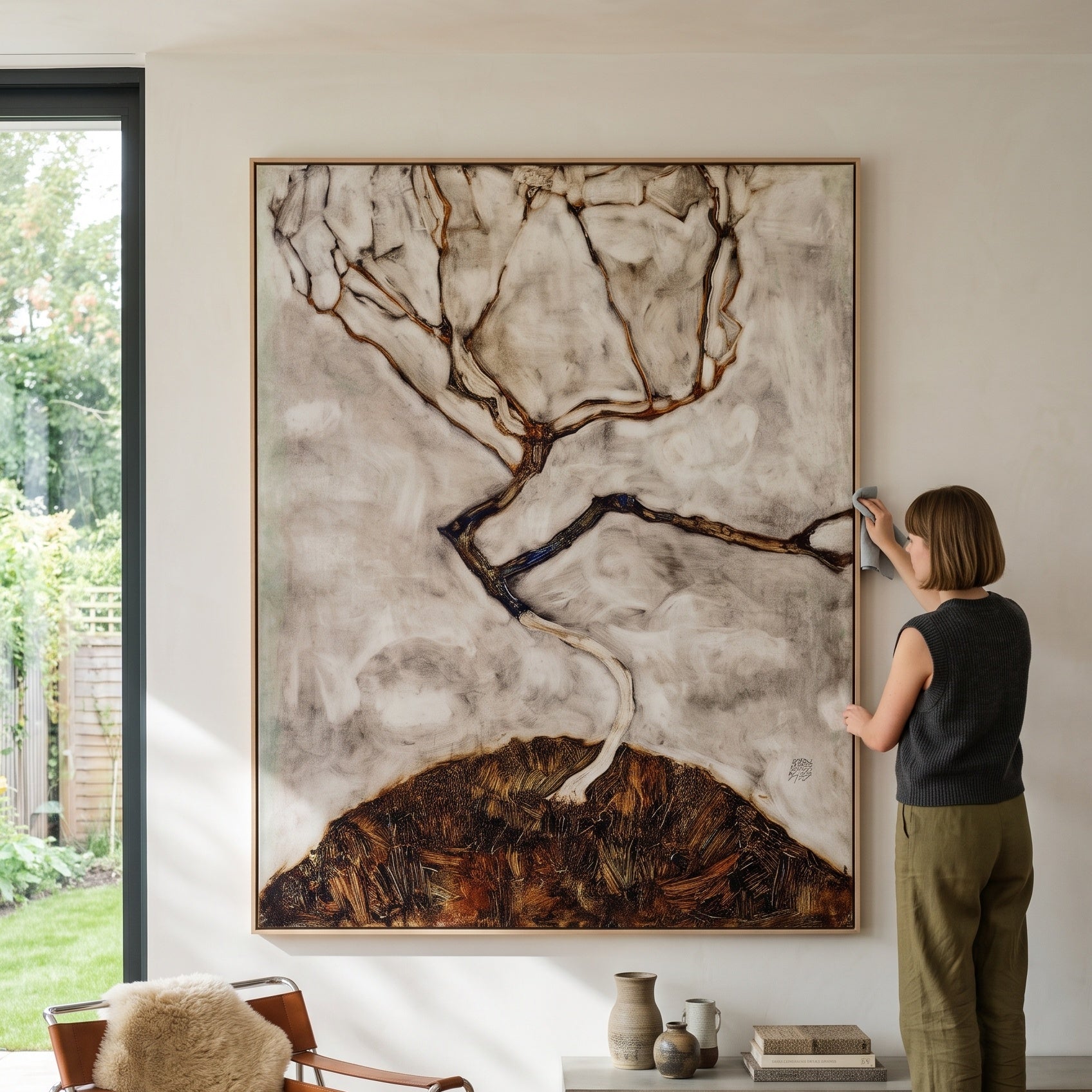 Small Tree in Late Autumn by Egon Schiele — large brown and white Expressionist Abstract canvas art on a hallway wall