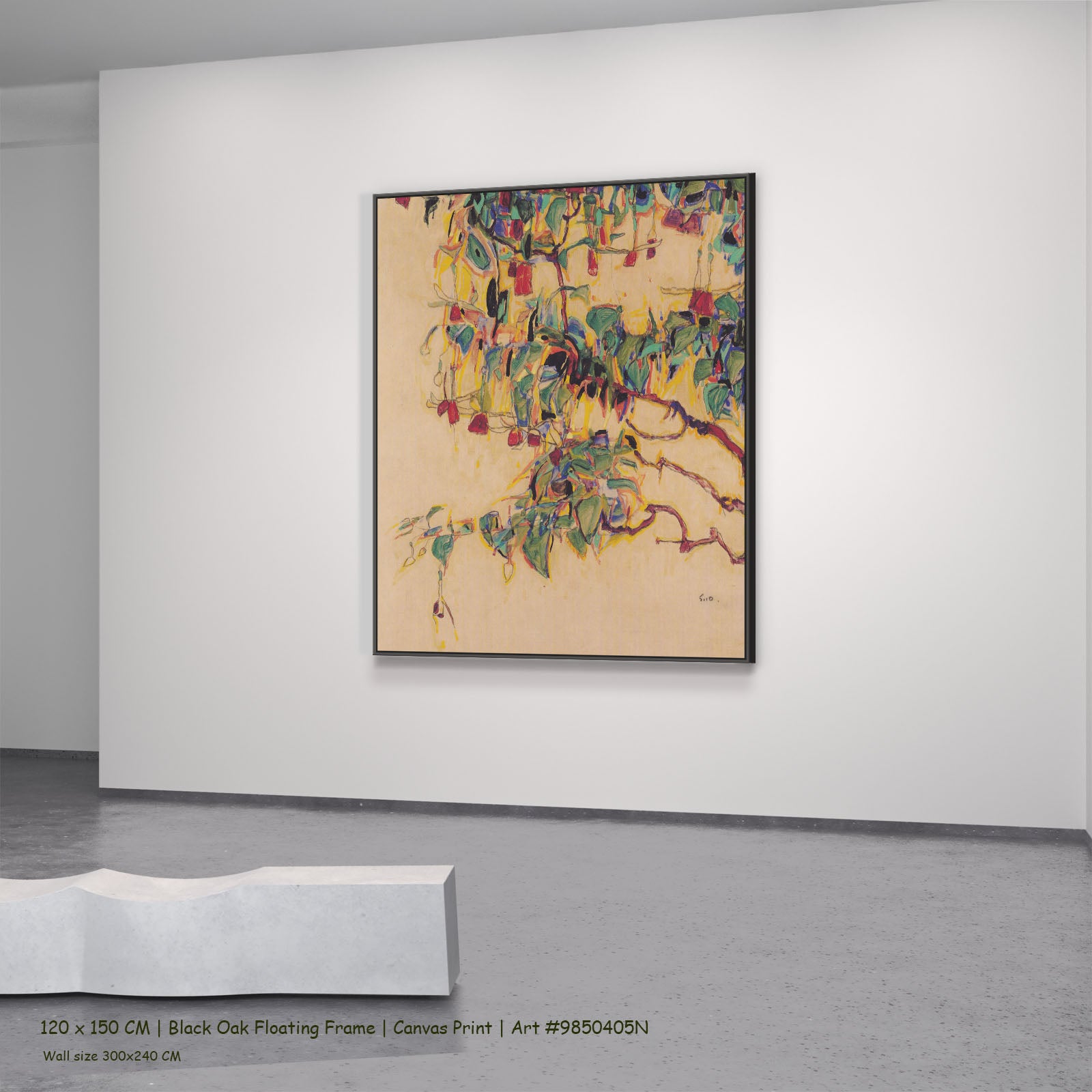 Sonnenbaum by Egon Schiele in a black oak floating frame, large green and gold Expressionist Abstract canvas