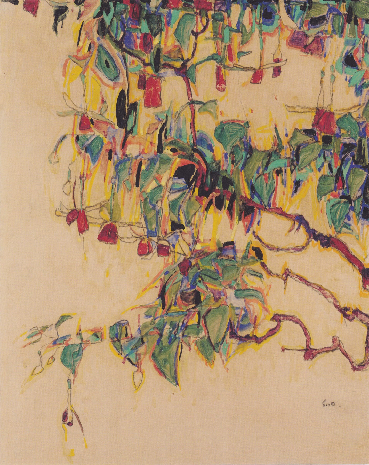 Large green and gold Expressionist Abstract canvas print of Sonnenbaum by Egon Schiele