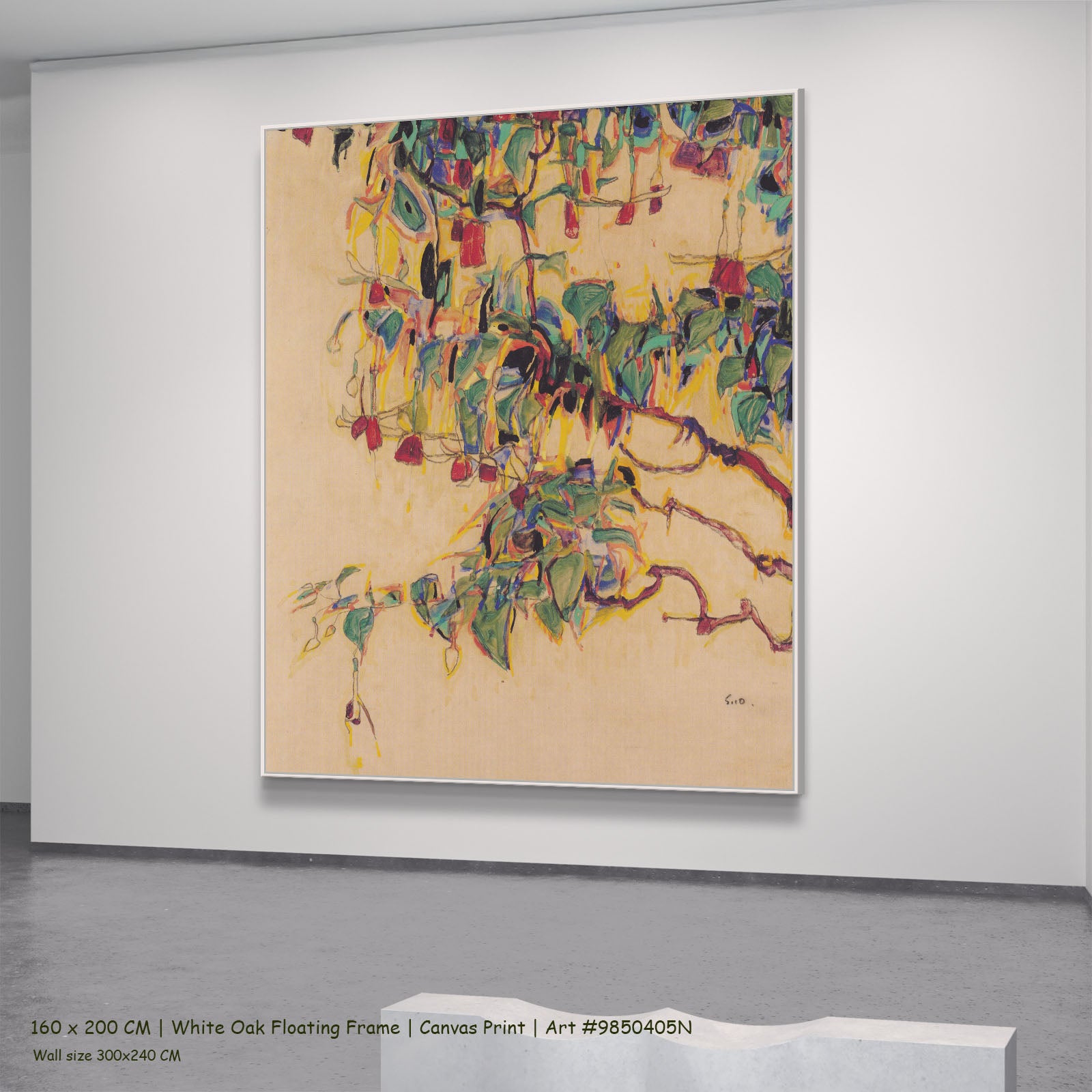 Sonnenbaum by Egon Schiele in a white oak floating frame, large green and gold Expressionist Abstract canvas