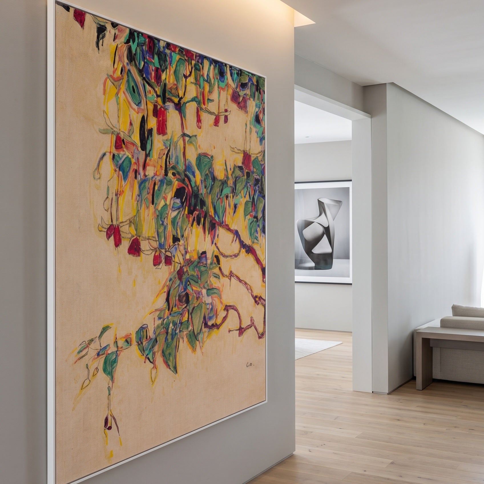 Sonnenbaum by Egon Schiele — large green and gold Expressionist Abstract canvas art on a living room wall