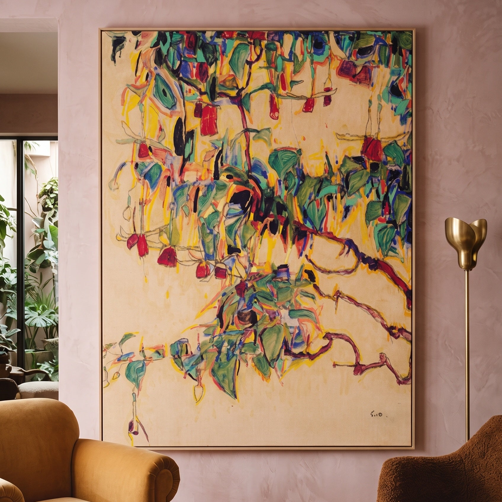 Sonnenbaum by Egon Schiele — large green and gold Expressionist Abstract canvas art on a living room wall