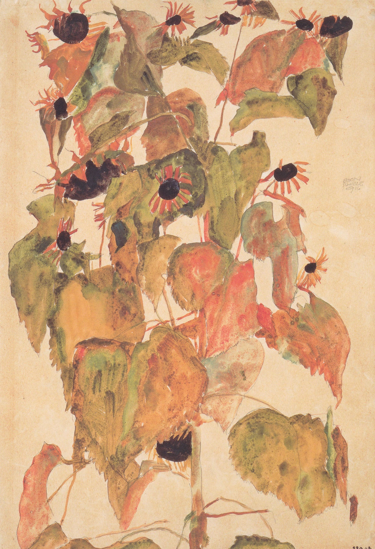 Large olive and orange Expressionist Abstract canvas print of Sonnenblumen by Egon Schiele