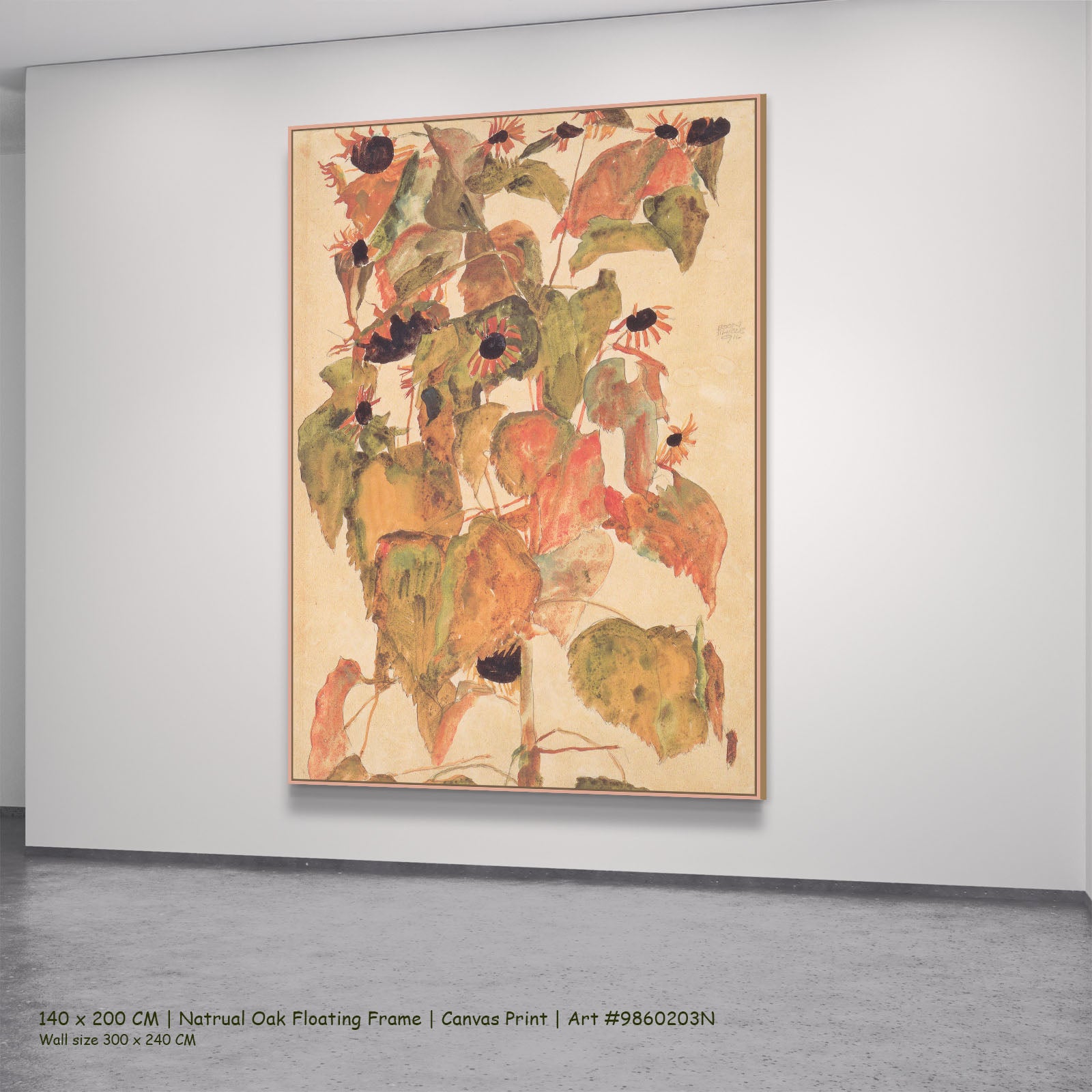 Sonnenblumen by Egon Schiele in a natural oak floating frame, large olive and orange Expressionist Abstract canvas