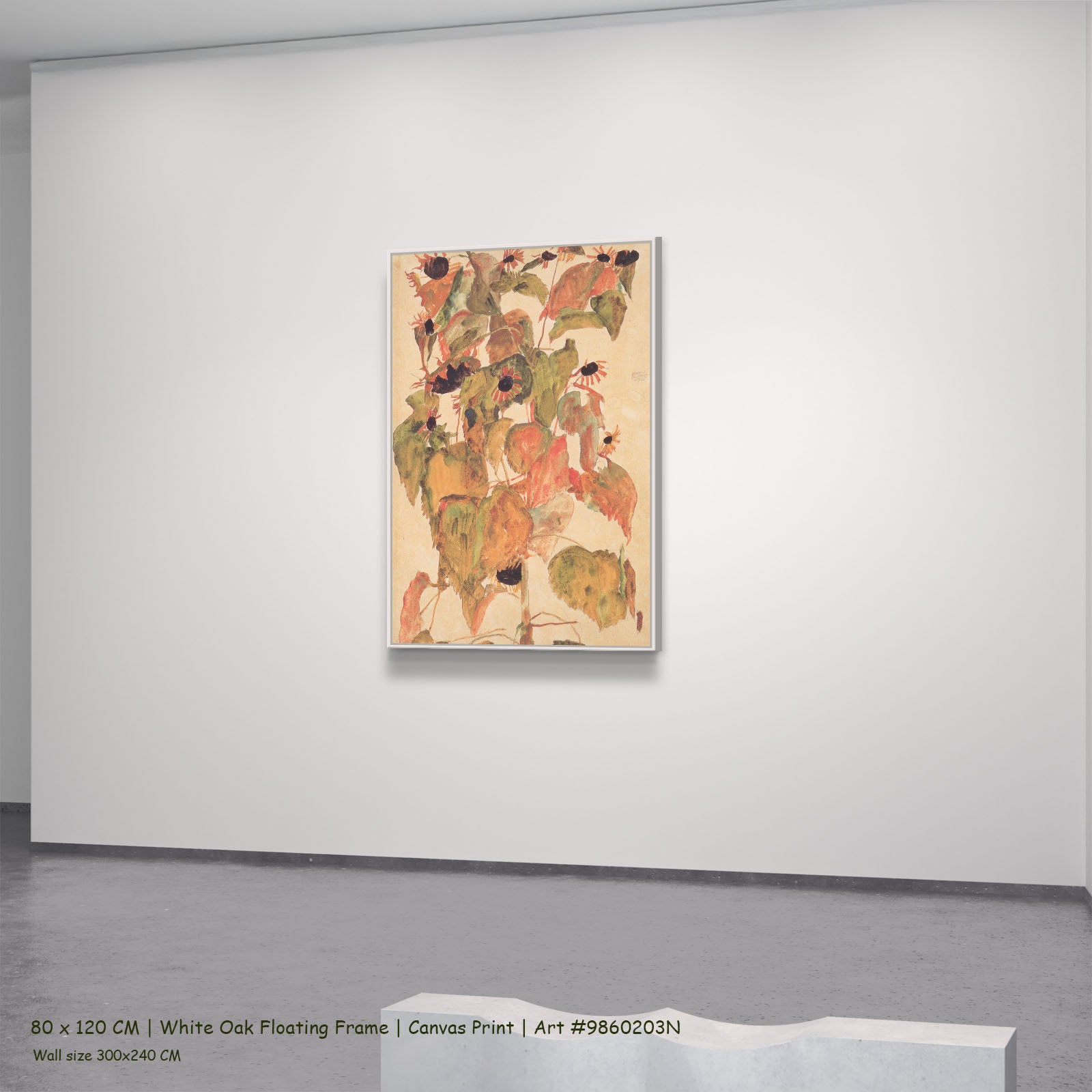 Sonnenblumen by Egon Schiele in a white oak floating frame, large olive and orange Expressionist Abstract canvas