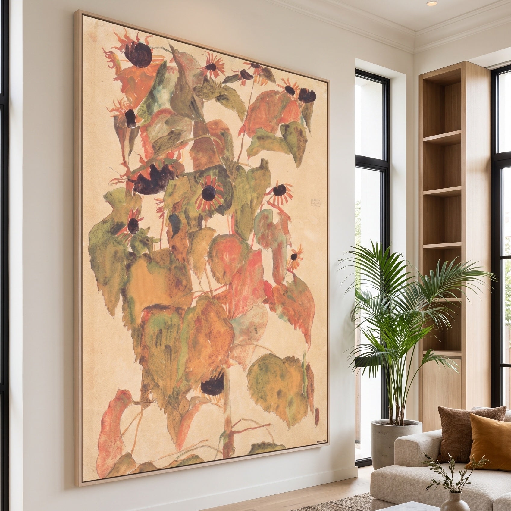 Sonnenblumen by Egon Schiele — large olive and orange Expressionist Abstract canvas art on a living room wall