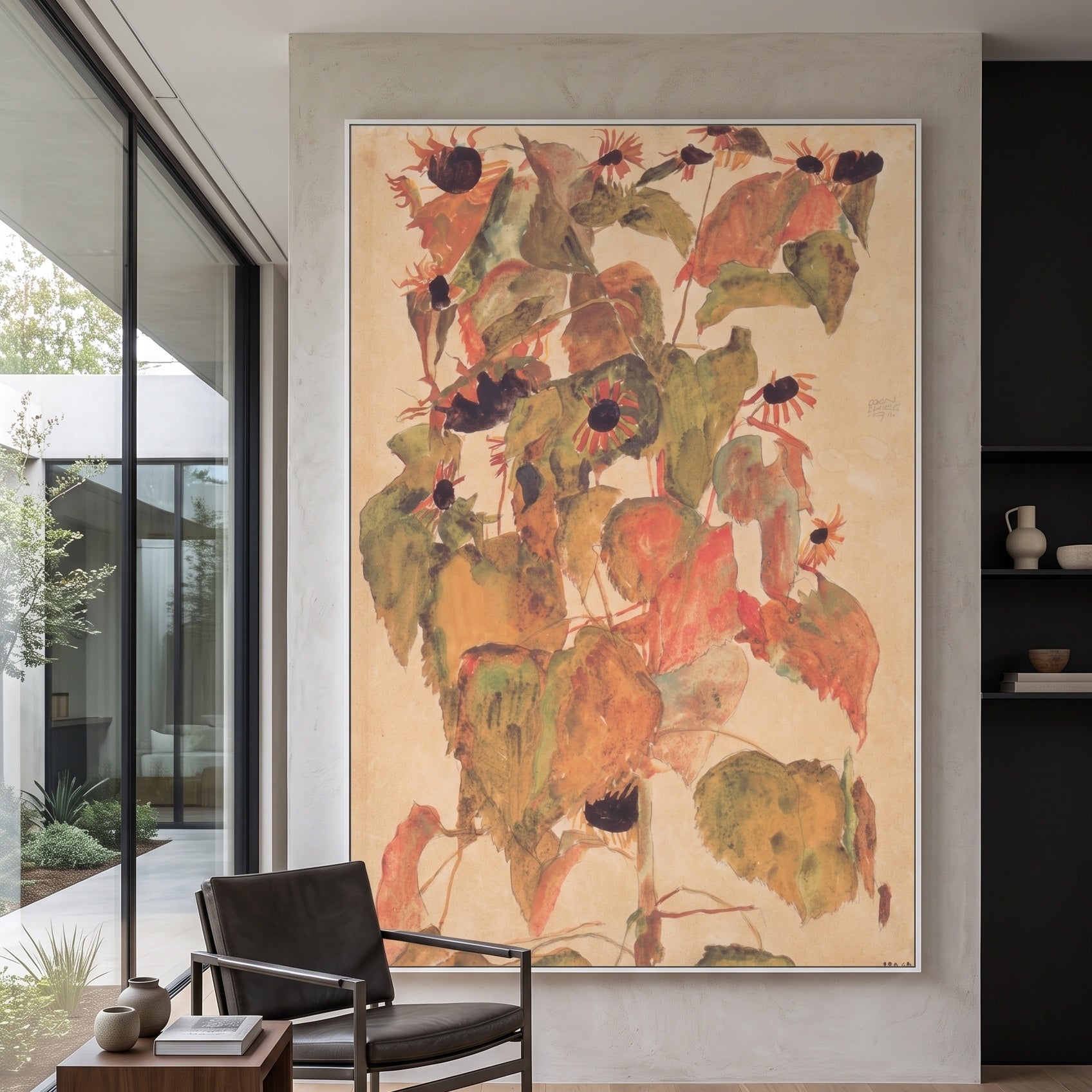 Sonnenblumen by Egon Schiele — large olive and orange Expressionist Abstract canvas art on a hallway wall