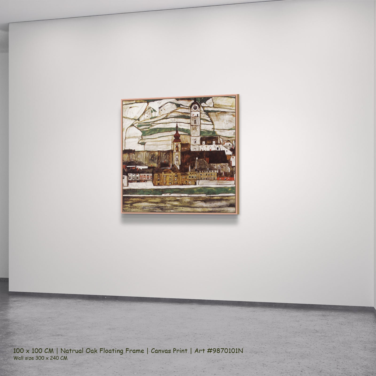 Stein on the Danube, Seen from by Egon Schiele in a natural oak floating frame, large brown and gold Expressionist Abstract c