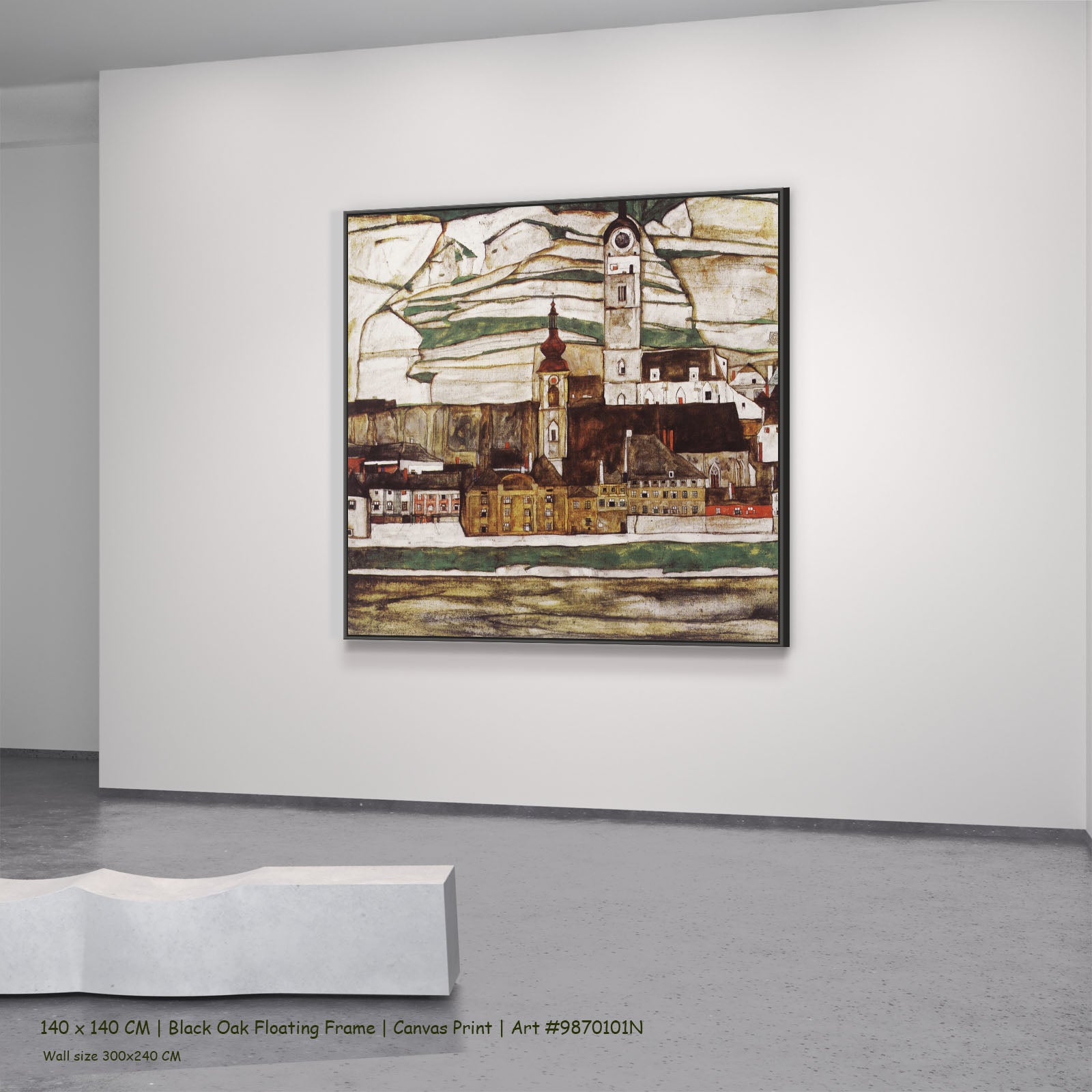 Stein on the Danube, Seen from by Egon Schiele in a black oak floating frame, large brown and gold Expressionist Abstract can