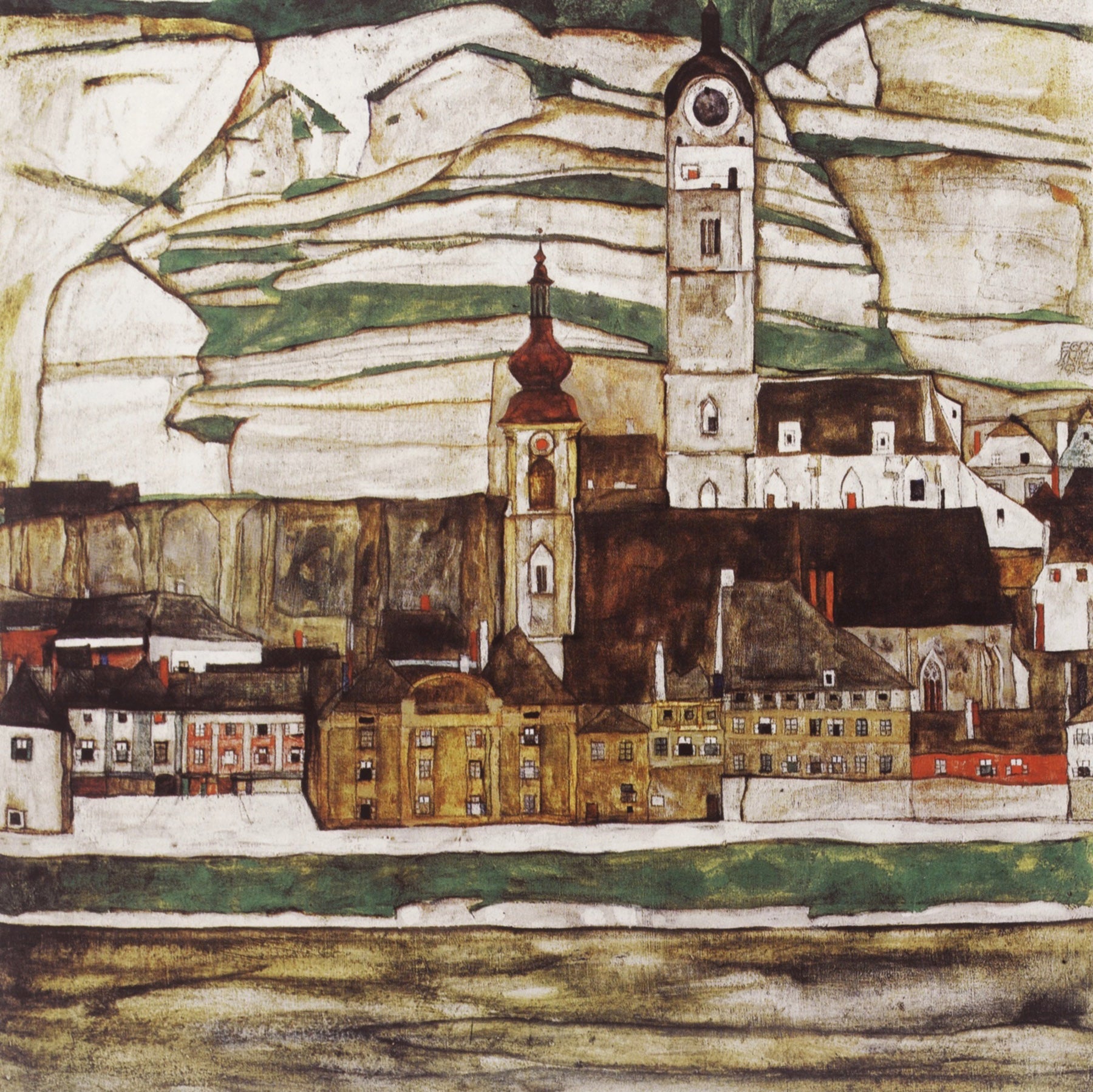 Large brown and gold Expressionist Abstract canvas print of Stein on the Danube, Seen from by Egon Schiele