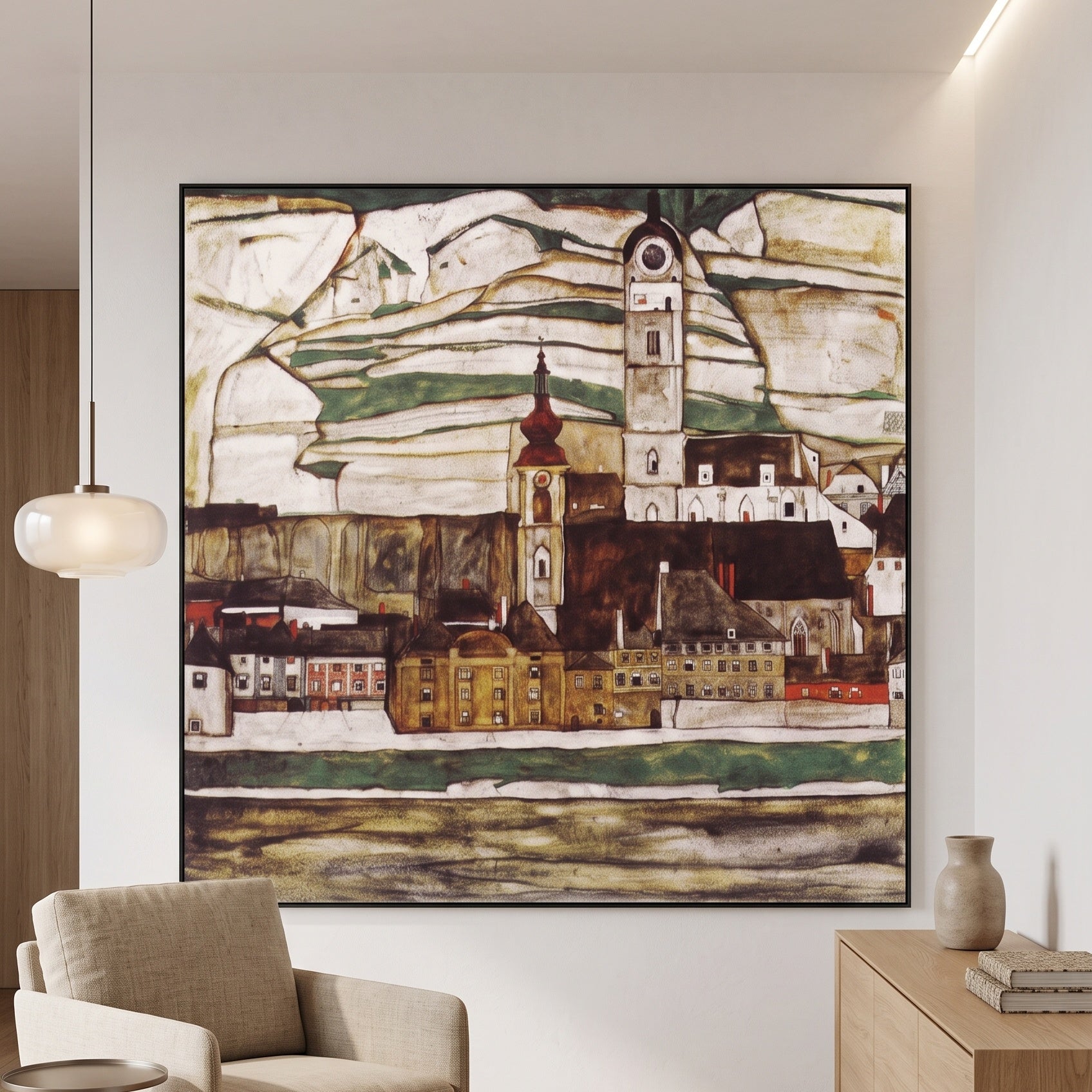 Stein on the Danube, Seen from by Egon Schiele — large brown and gold Expressionist Abstract canvas art on a hallway wall