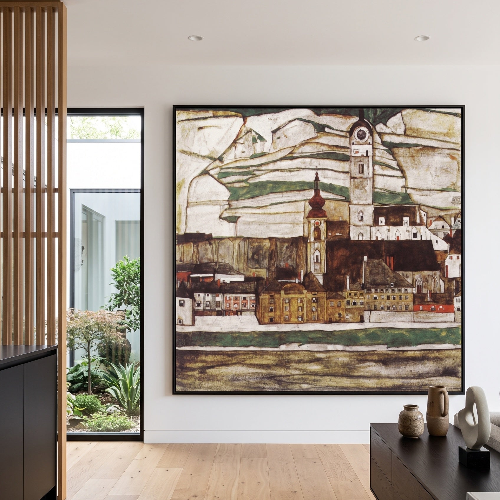 Stein on the Danube, Seen from by Egon Schiele — large brown and gold Expressionist Abstract canvas art on a hallway wall