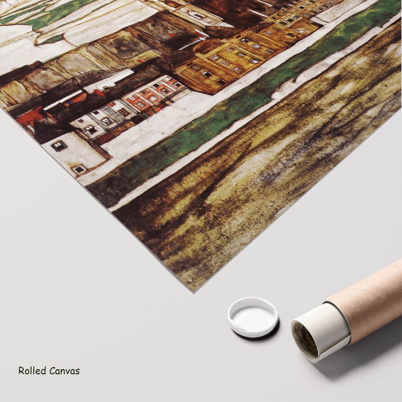 Stein on the Danube, Seen from by Egon Schiele as a large rolled brown and gold Expressionist Abstract canvas print
