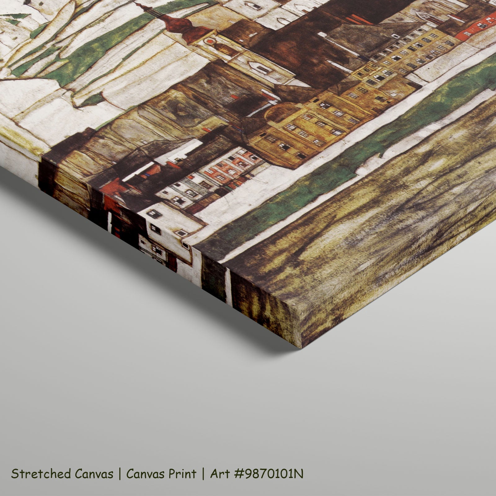 Stein on the Danube, Seen from by Egon Schiele as a large stretched brown and gold Expressionist Abstract canvas print