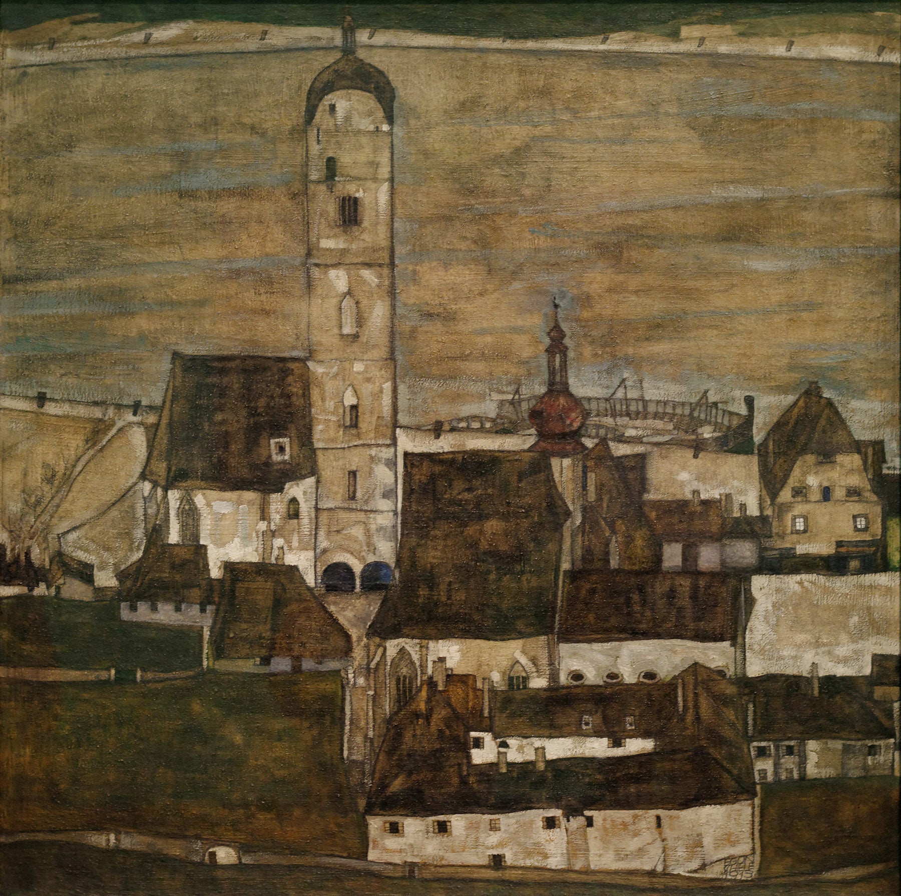 Large brown and olive Expressionist Abstract canvas print of Stein on the Danube II by Egon Schiele