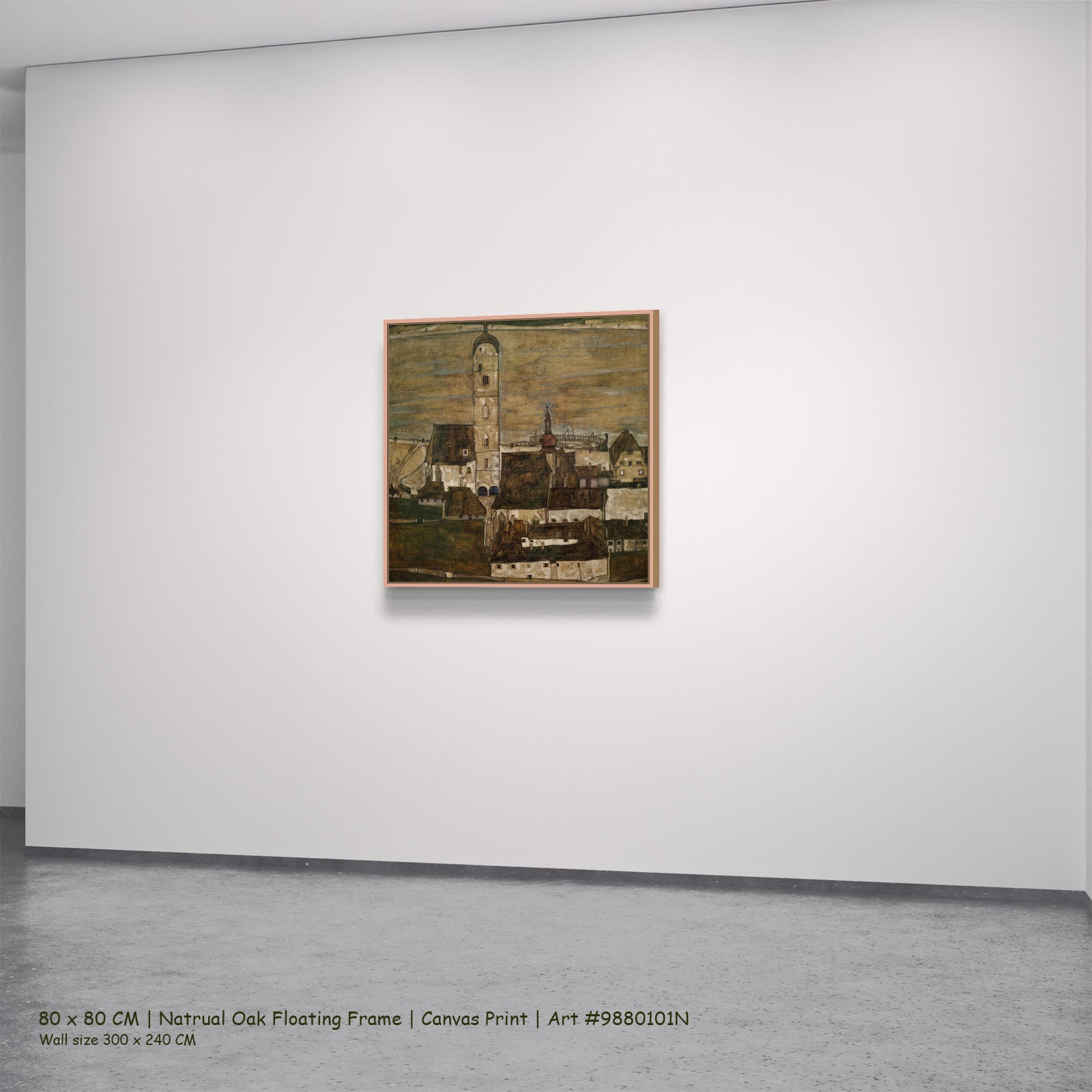 Stein on the Danube II by Egon Schiele in a natural oak floating frame, large brown and olive Expressionist Abstract canvas